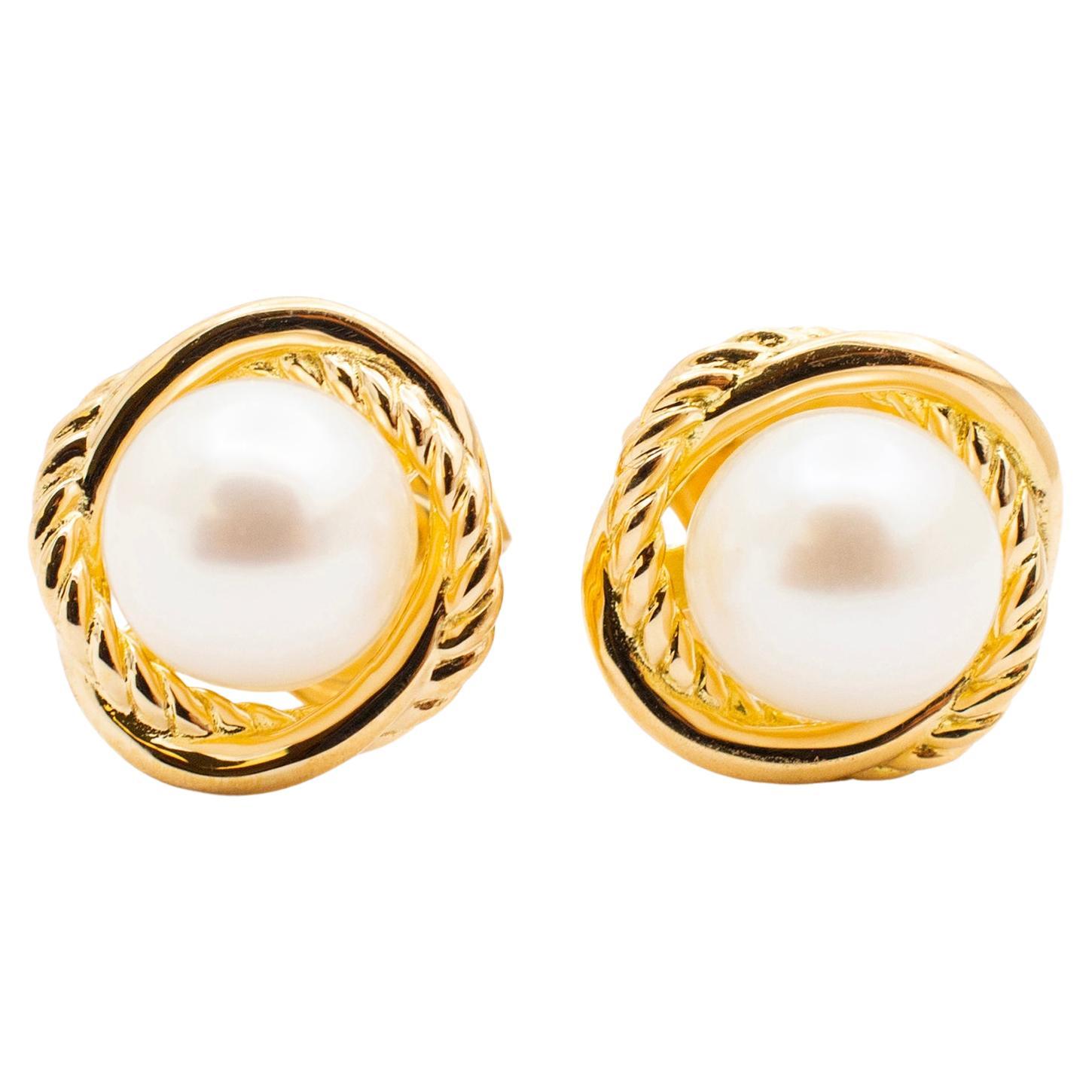 David Yurman Ladies 18K Yellow Gold Crossover Infinity Pearl Stud Earrings
