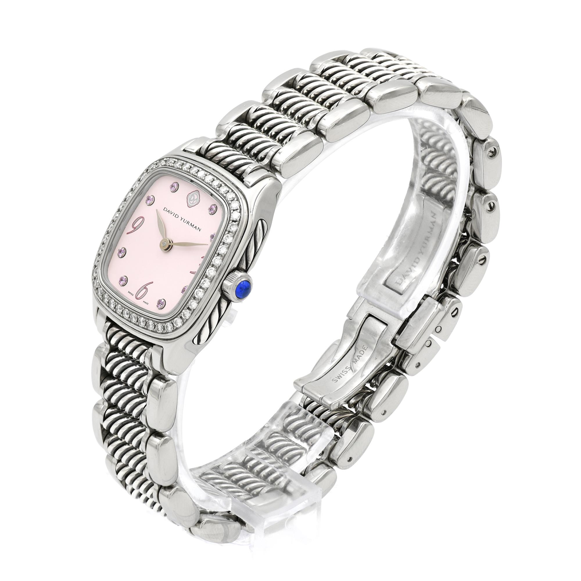 Round Cut David Yurman Ladies Stainless Steel Diamond Sapphire Thoroughbred Wristwatch