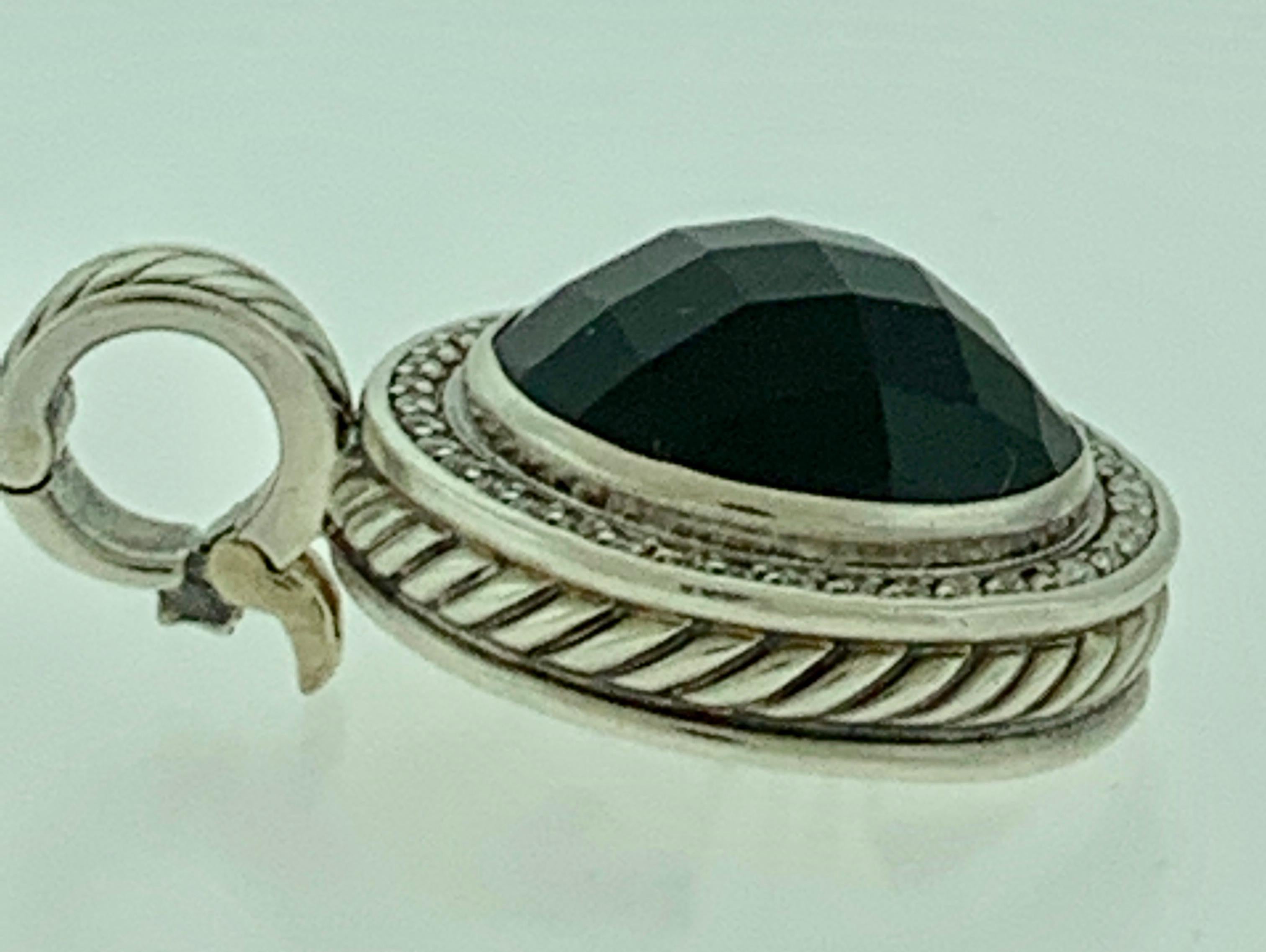 Round Cut David Yurman Large Black Onyx and Diamond Pendant/Enhancer Sterling Silver