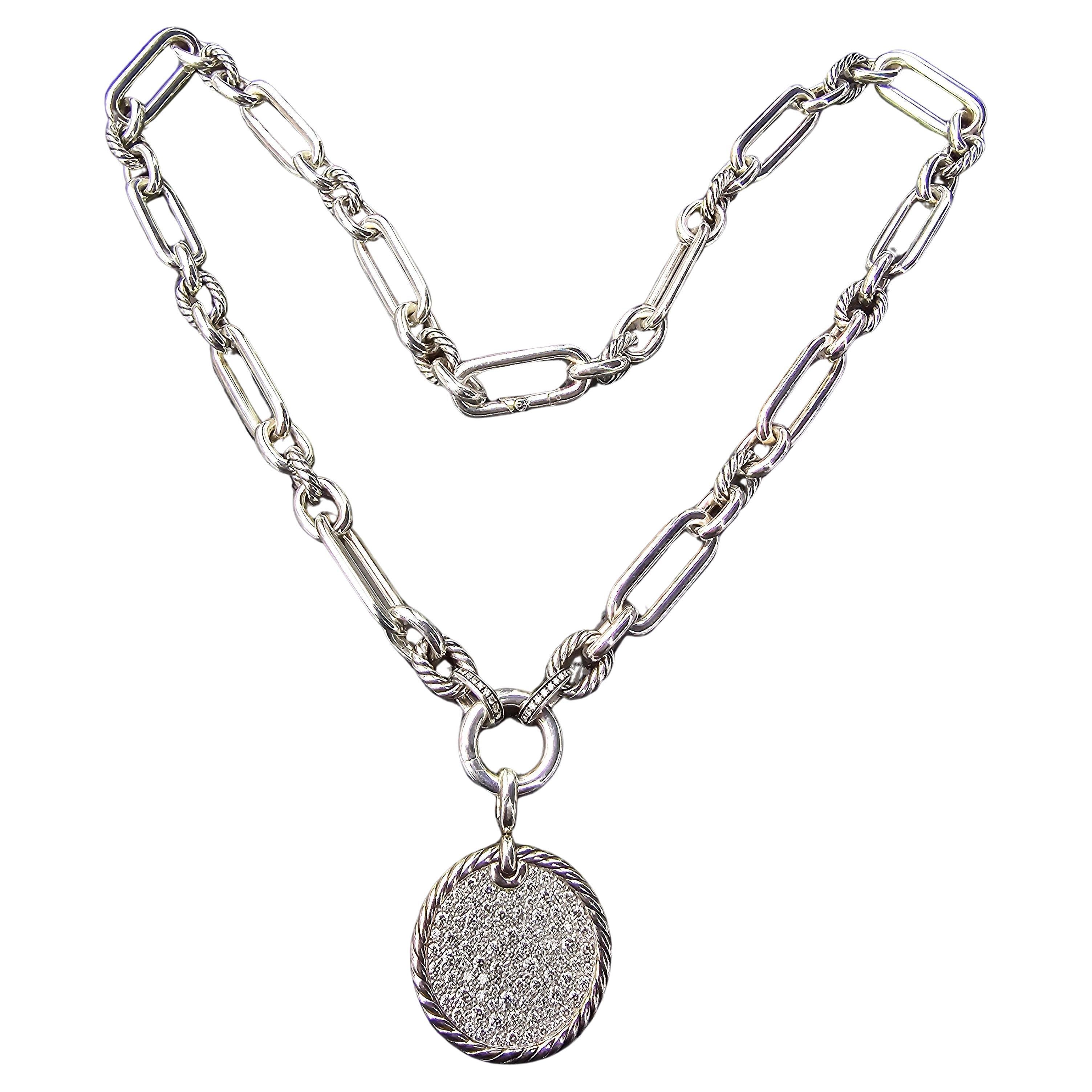 David Yurman Large Diamond Elements Circle Pendant Lexington 21" Chain Sterling