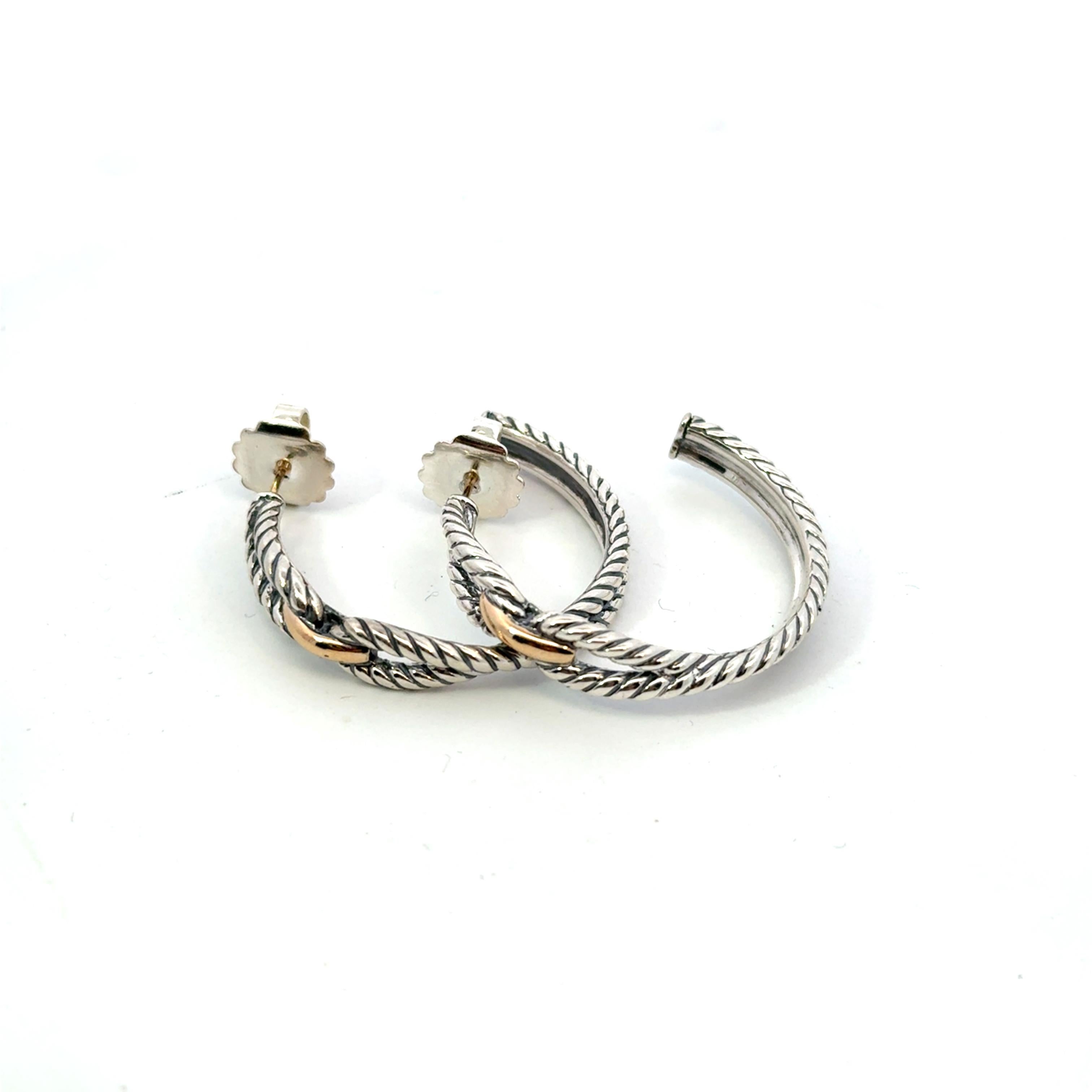 David Yurman Large Hoop Earrings 18 KT Gold + Silver Estate In Good Condition For Sale In Brooklyn, NY