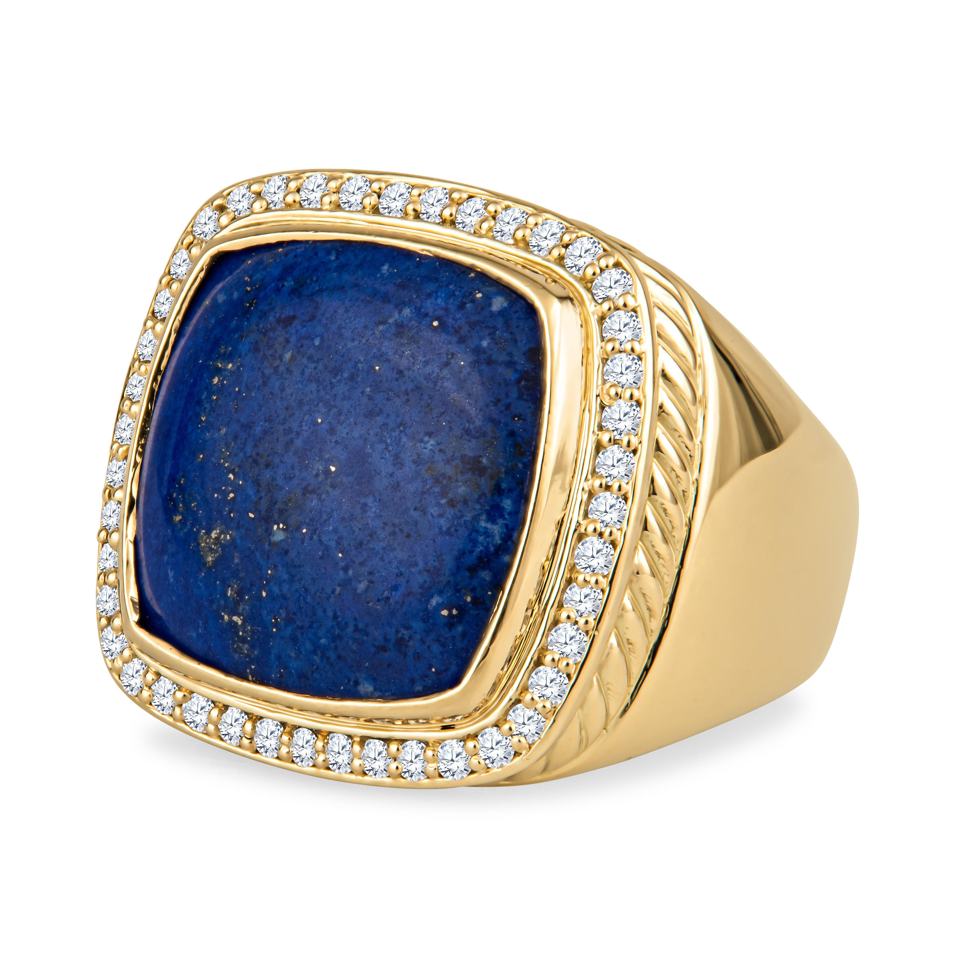 This incredible David Yurman piece features a ~15mm Lapis Lazuli stone, surrounded by 0.43ct total weight in a round brilliant cut diamond halo. These precious stones are encased in an 18kt yellow gold ring, size 5.75, which may be resized to be