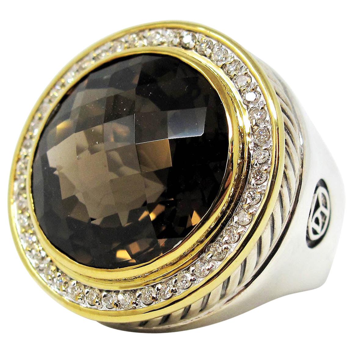David Yurman Large Round Smoky Quartz and Diamond Halo Sterling and Gold Ring