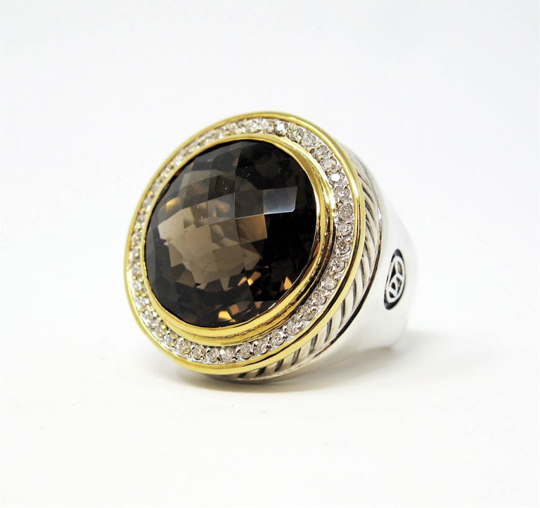 David Yurman Large Round Smoky Quartz and Diamond Halo Sterling and Gold Ring For Sale at ...