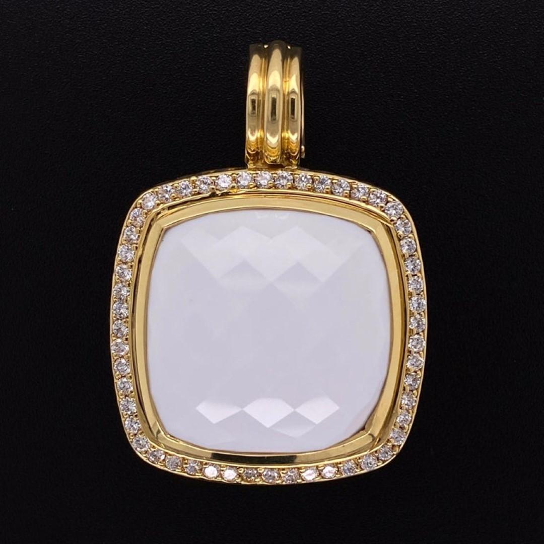 Modernist David Yurman Large White Agate and Diamond 18K Gold Pendant Fine Estate Jewelry