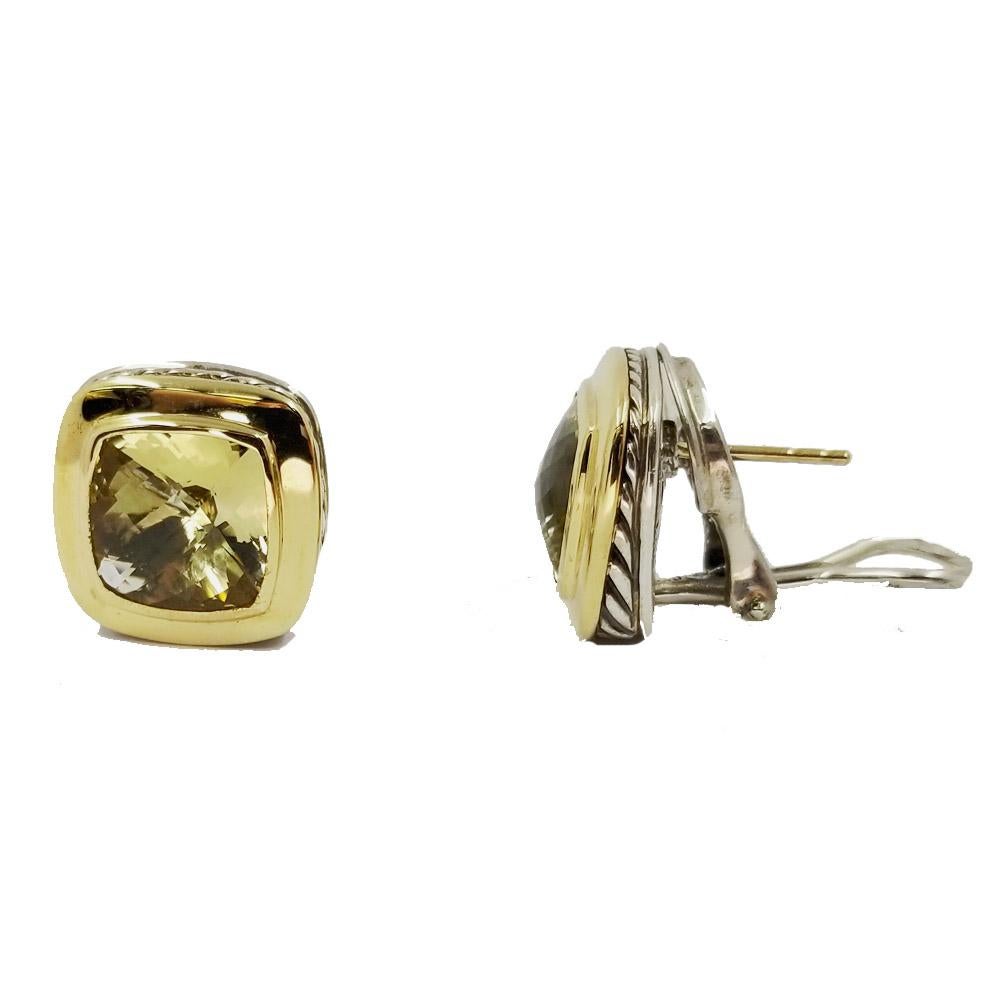 David Yurman Albion Stud Earrings - 18 Yellow Gold, Sterling Silver, & Lemon Citrine.

The earrings feature cushion cut, faceted Lemon Citrine (quartz) bezel set in high polish 18 Karat Yellow Gold. A Sterling Silver, narrow rope cable pattern