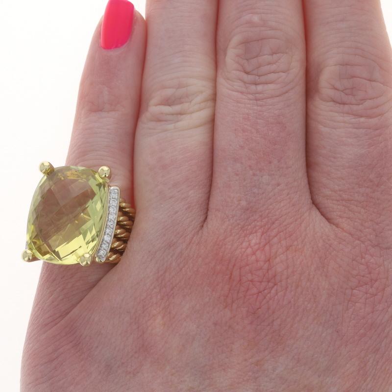 Brand: David Yurman

Metal Content: 18k Yellow Gold & 18k White Gold

Stone Information

Natural Lemon Quartz
Cut: Rectangular cushion checkerboard
Center Stone's Size: 20x15mm

Natural Diamonds
Carat(s): .20ctw
Cut: Round Brilliant

Total Carats: