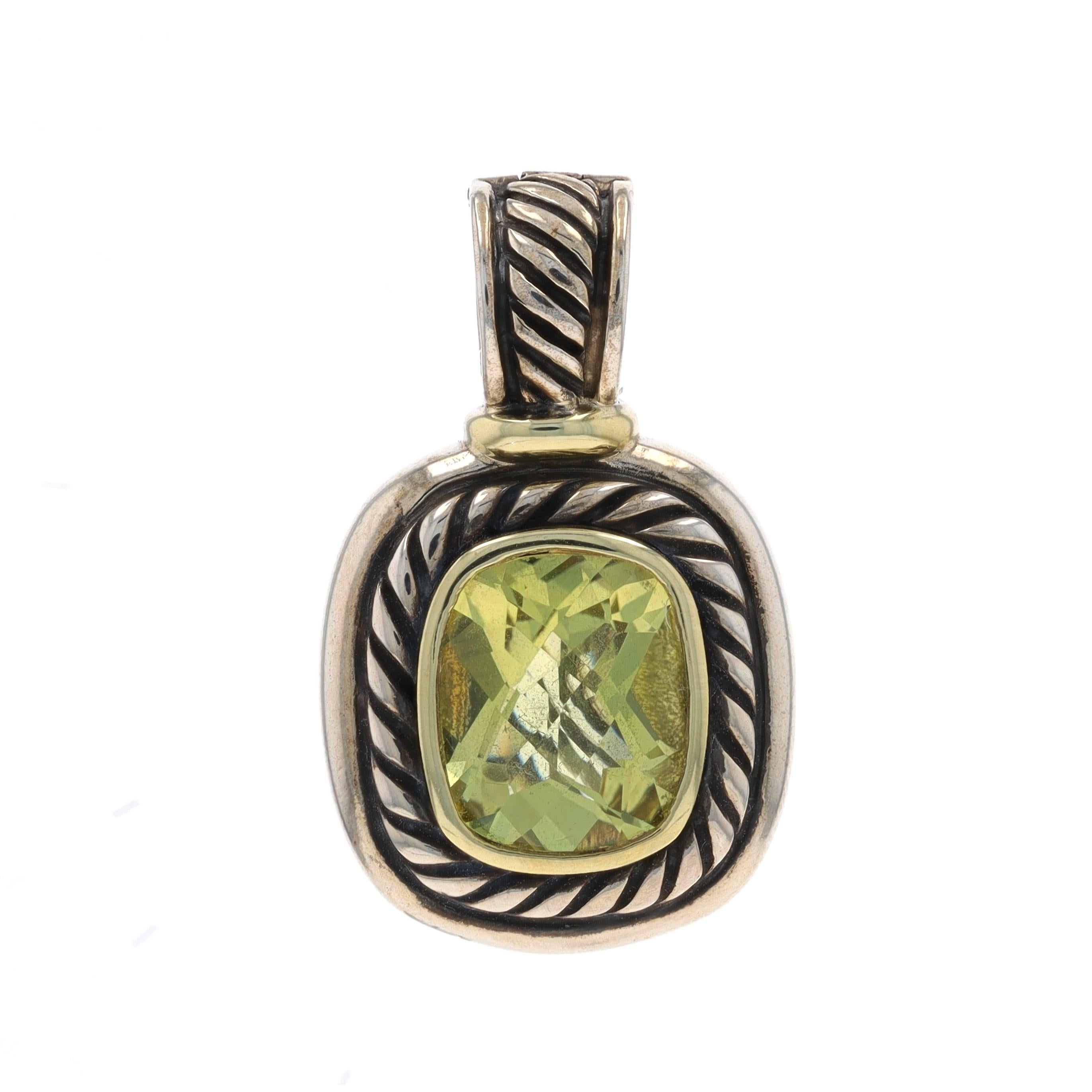 Prix de détail : 800

Marque : David Yurman
Design :  Clip de renforcement

Contenu du métal : Argent sterling et or jaune 14k

Informations sur les pierres

Quartz citron naturel
Coupe : damier coussin
Couleur : jaune verdâtre

Style :