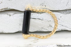 David Yurman Lexington Barrel Black Onyx and Diamond 18K Yellow Gold Ring Size 7