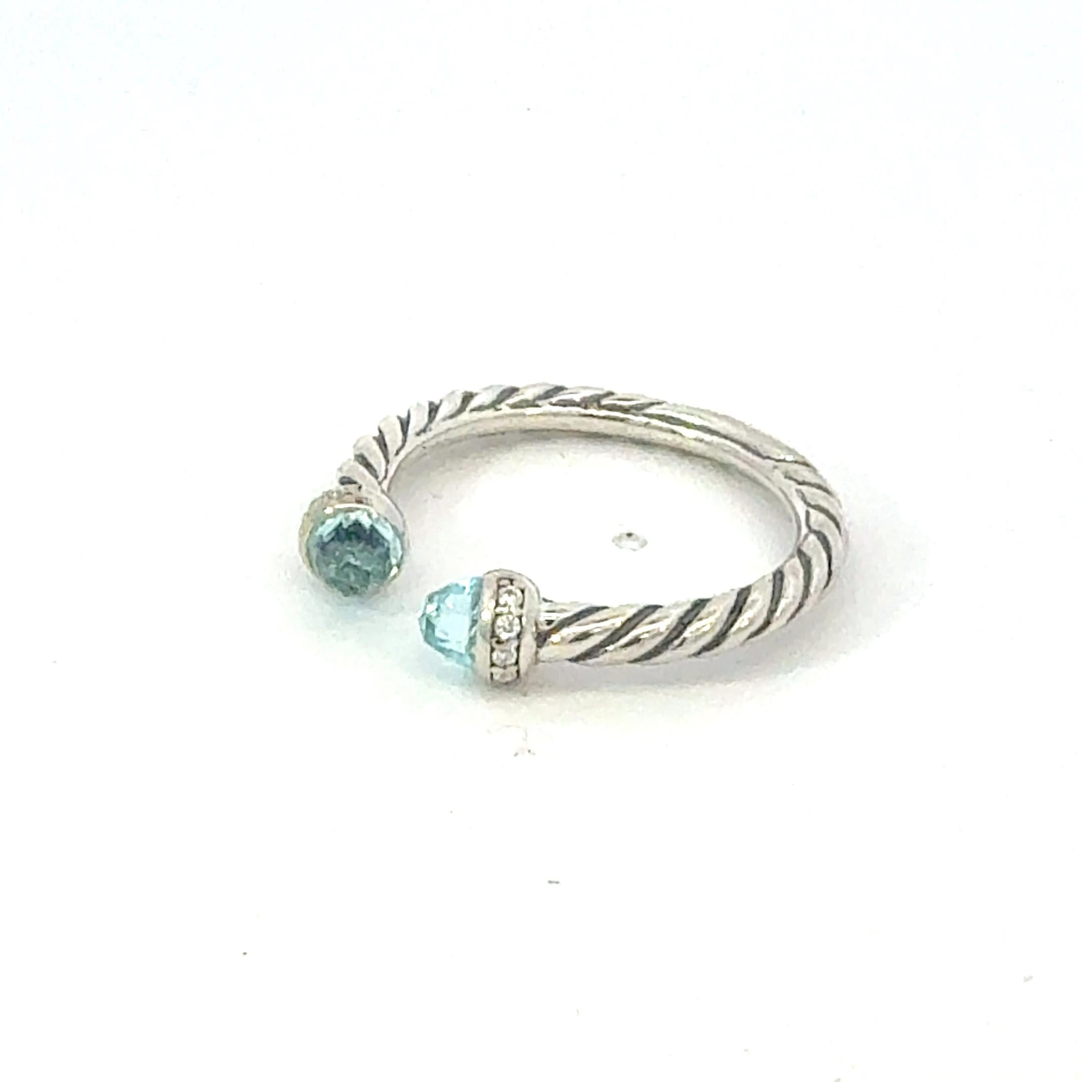 David Yurman Light Blue Topaz Diamond Ring Size 7 Sterling Silver Estate Pour femmes en vente