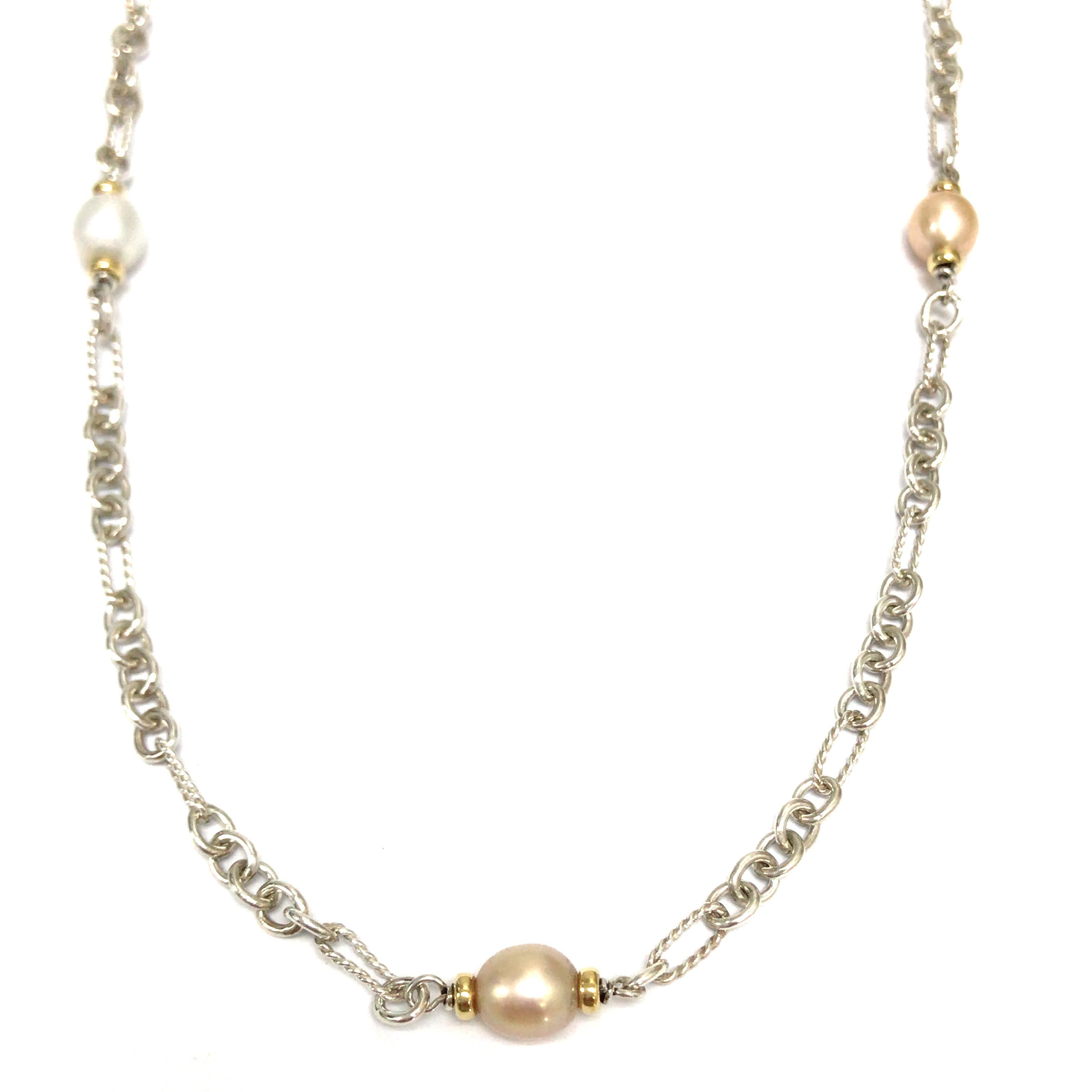 David Yurman Link Pearl Necklace in 18K Yellow Gold and Silver. (7) Multi Color Pearls are stationed approximately 4 1/2 inches apart on the 35 1/2 inch in length with a toggle closure.  Stamped 