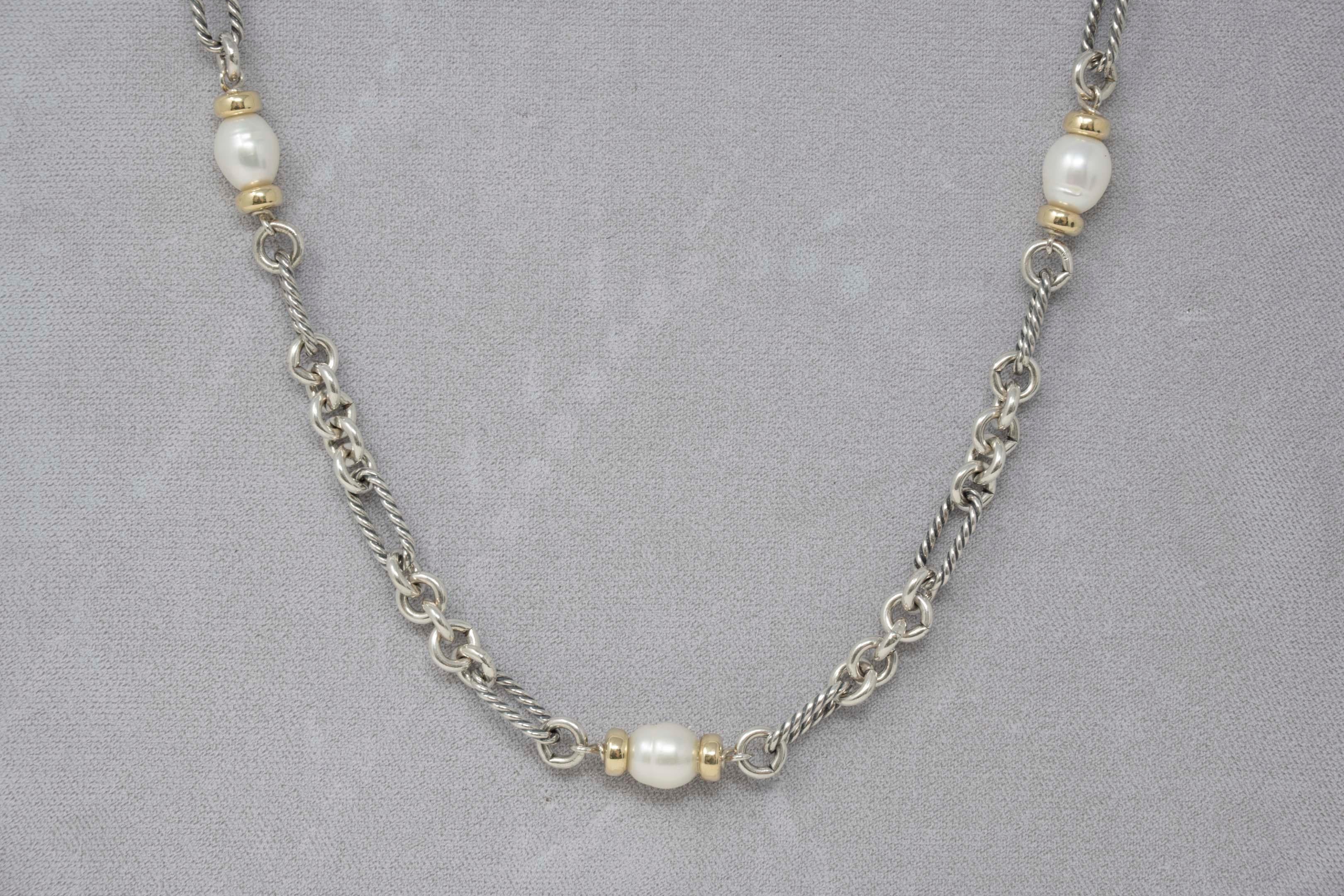 David Yurman Link Pearls Necklace Sterling & 18k Gold In Good Condition In Montreal, QC
