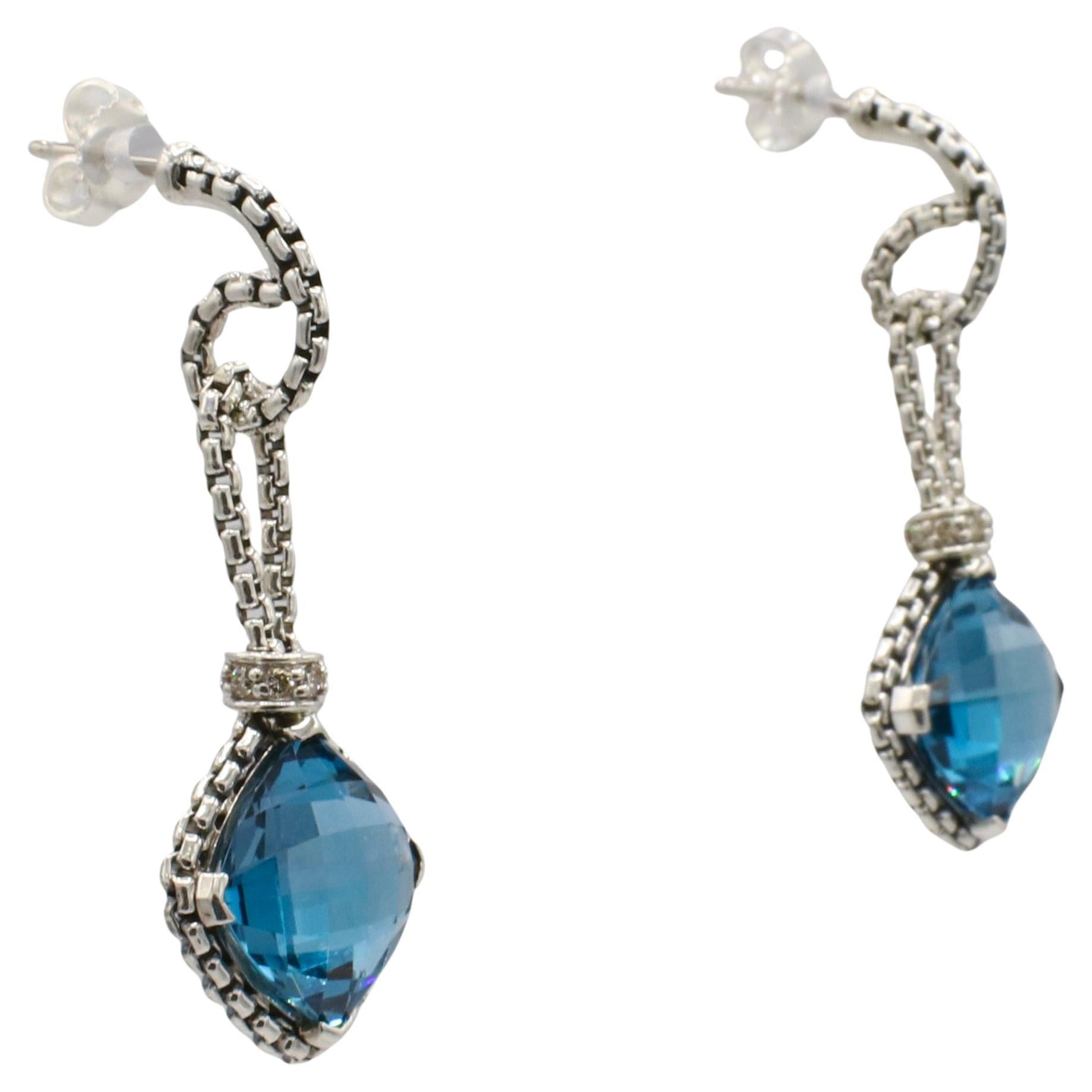 Moderne David Yurman Boucles d'oreilles pendantes en chaîne avec topaze bleue et diamant naturel en vente
