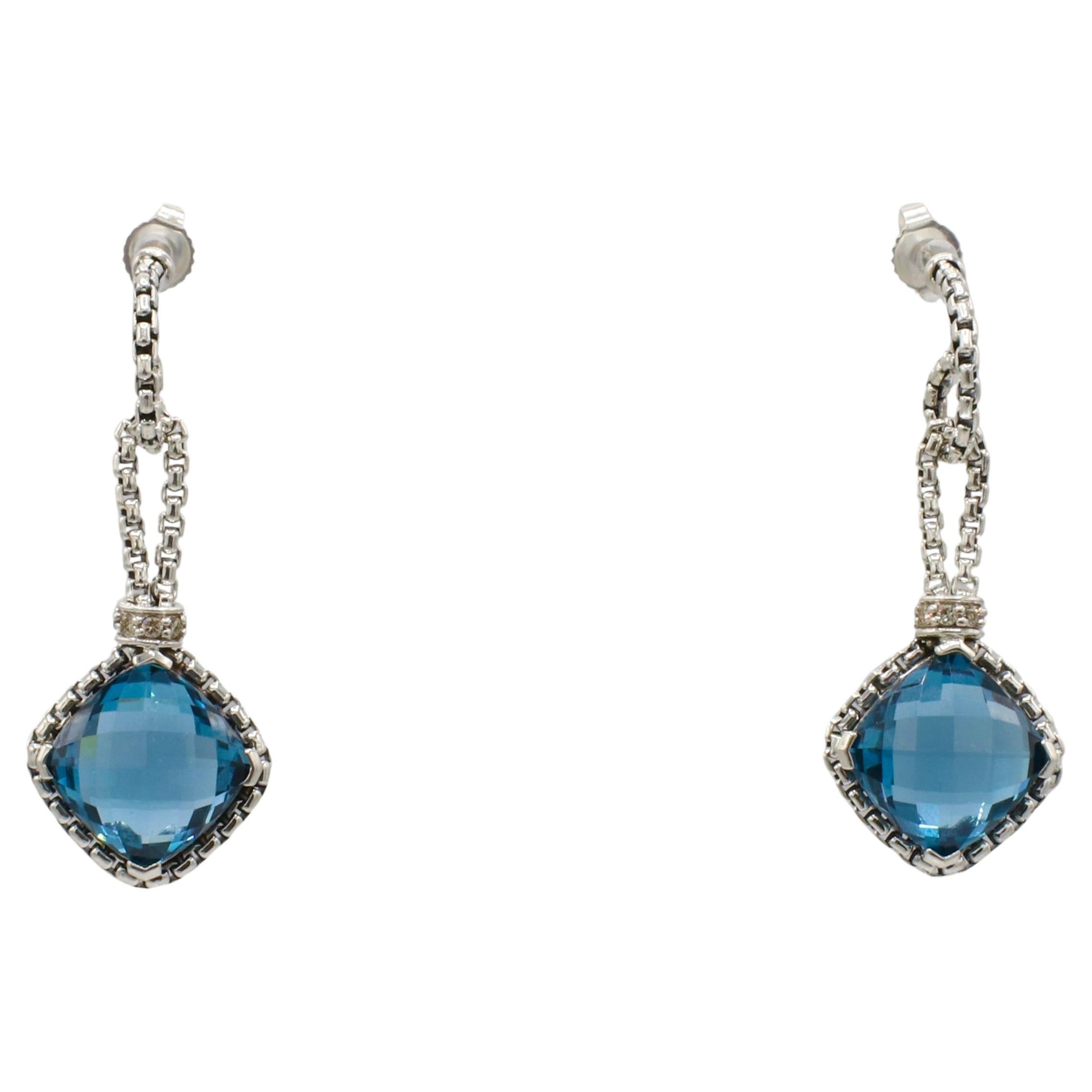David Yurman Boucles d'oreilles pendantes en chaîne avec topaze bleue et diamant naturel en vente