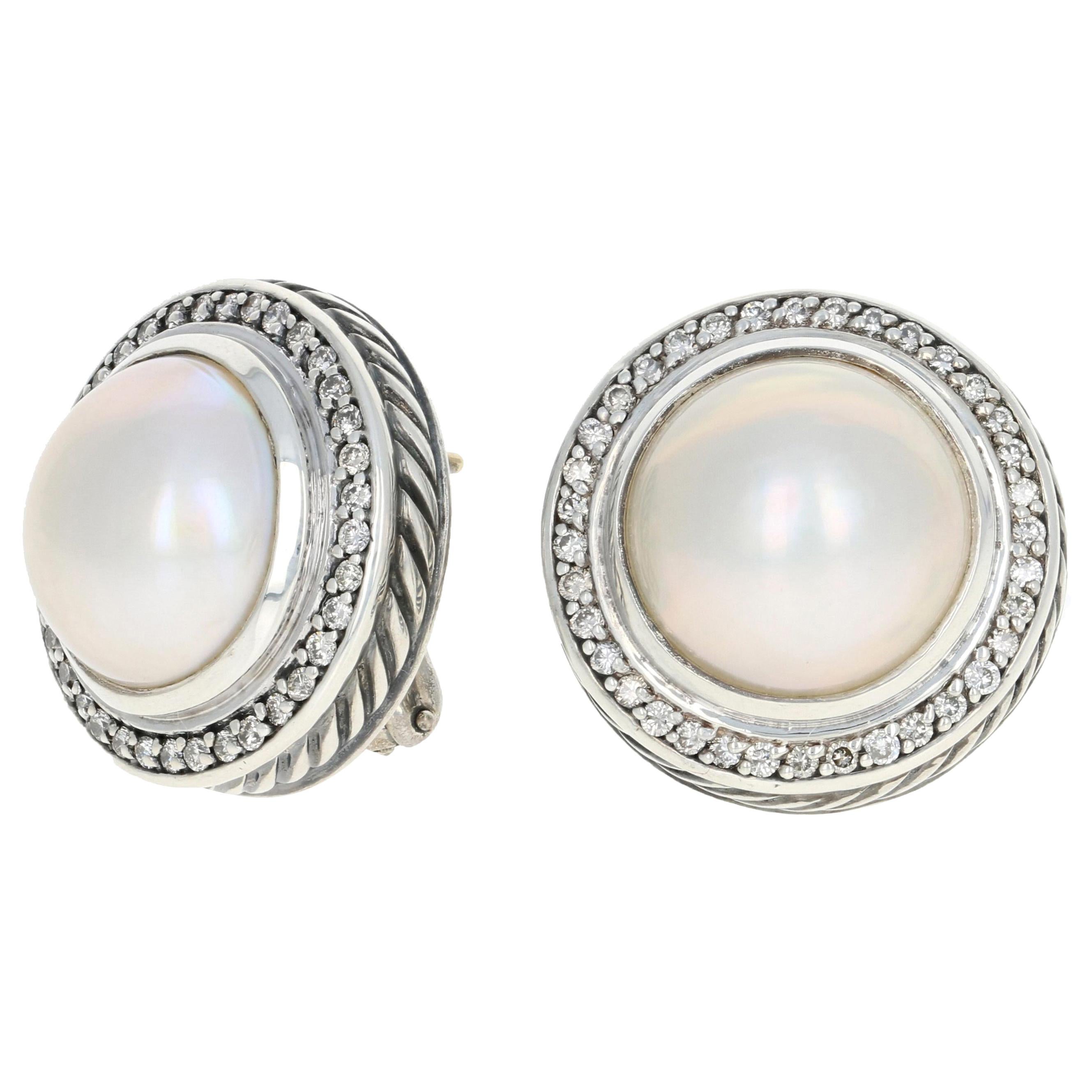 David Yurman Mabe Pearl & Diamond Stud Earrings Sterling 18k Gold Pierced .72ctw