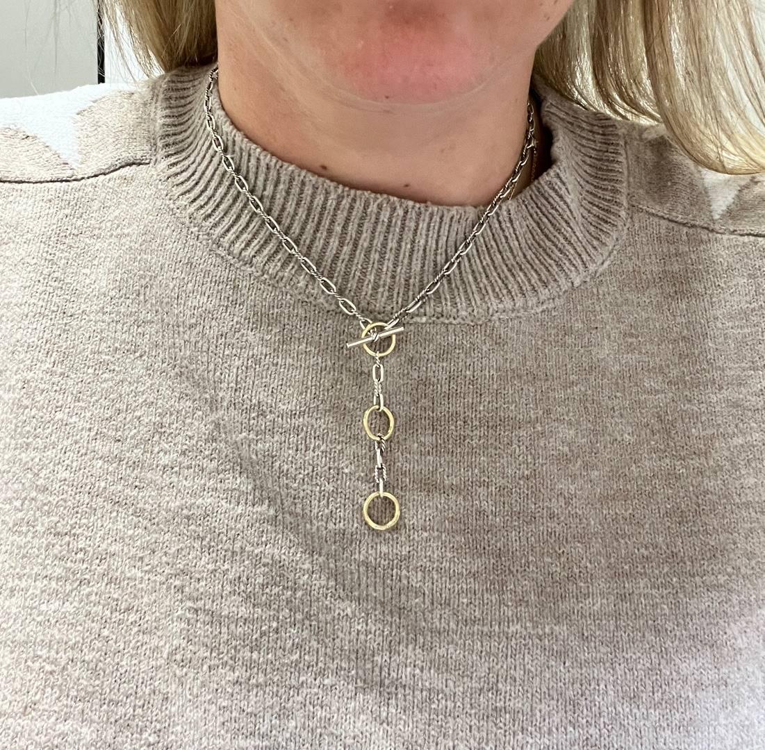 David Yurman Madison Sterling Silver & Gold Three-Ring Chain Toggle Necklace In Excellent Condition In  Baltimore, MD