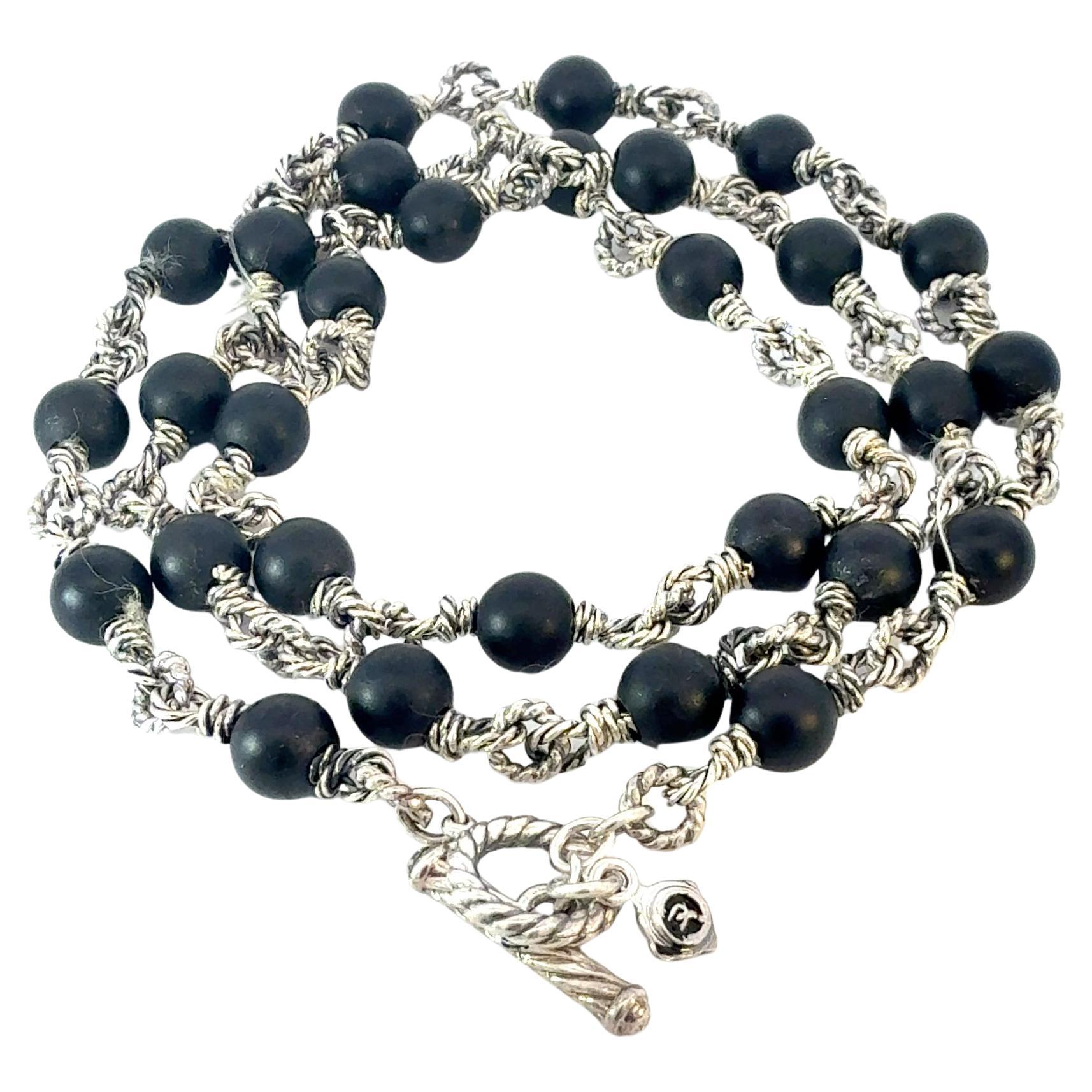 David Yurman Matte Onyx Beads Necklace 21" Silver 6 mm Estate en venta