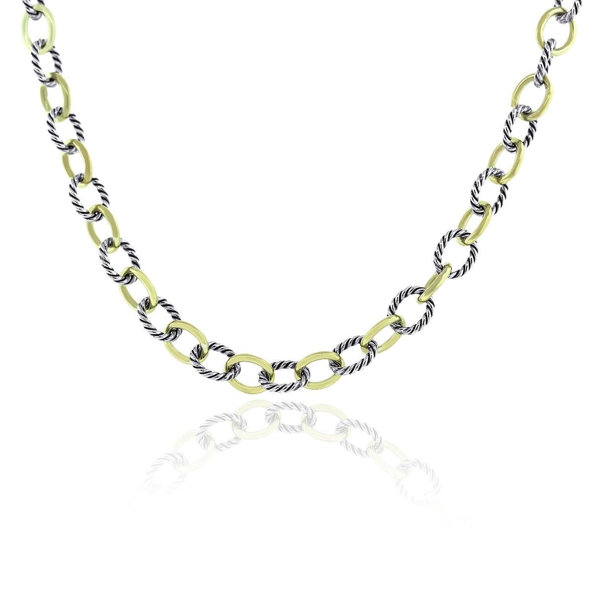 Designer: David Yurman
Material: 18k Yellow Gold and Sterling Silver
Measurements: 17″ in length.
Clasp: Toggle Closure
Total Weight: 32g (20.6dwt)
SKU: G7618