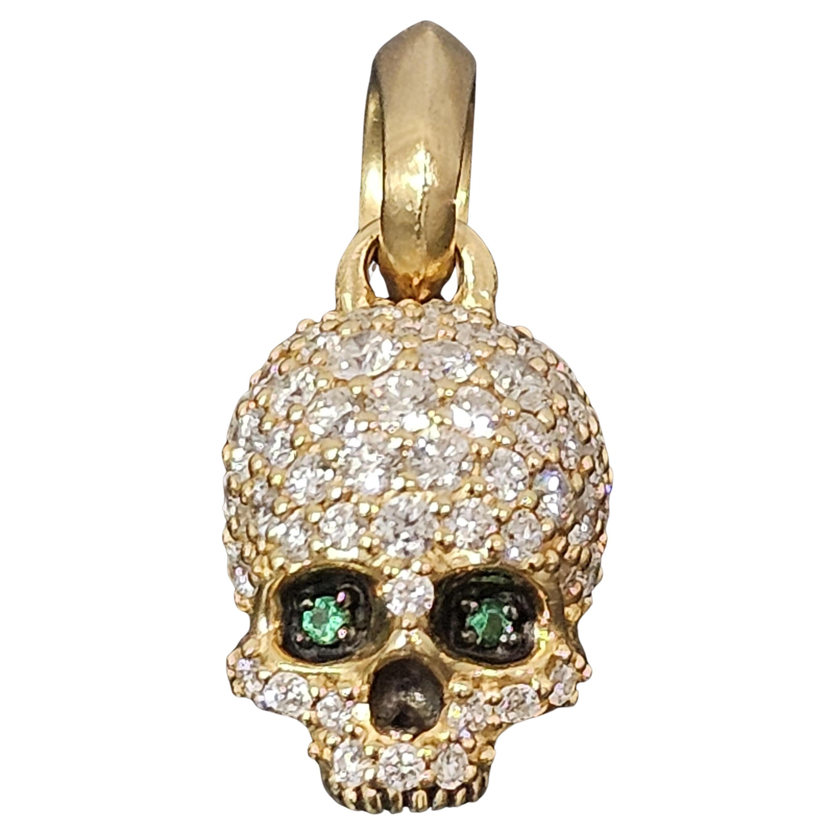 David Yurman Memento Mori Skull Pendant 18k Gold 1.03ct Diamonds Emeralds 4200