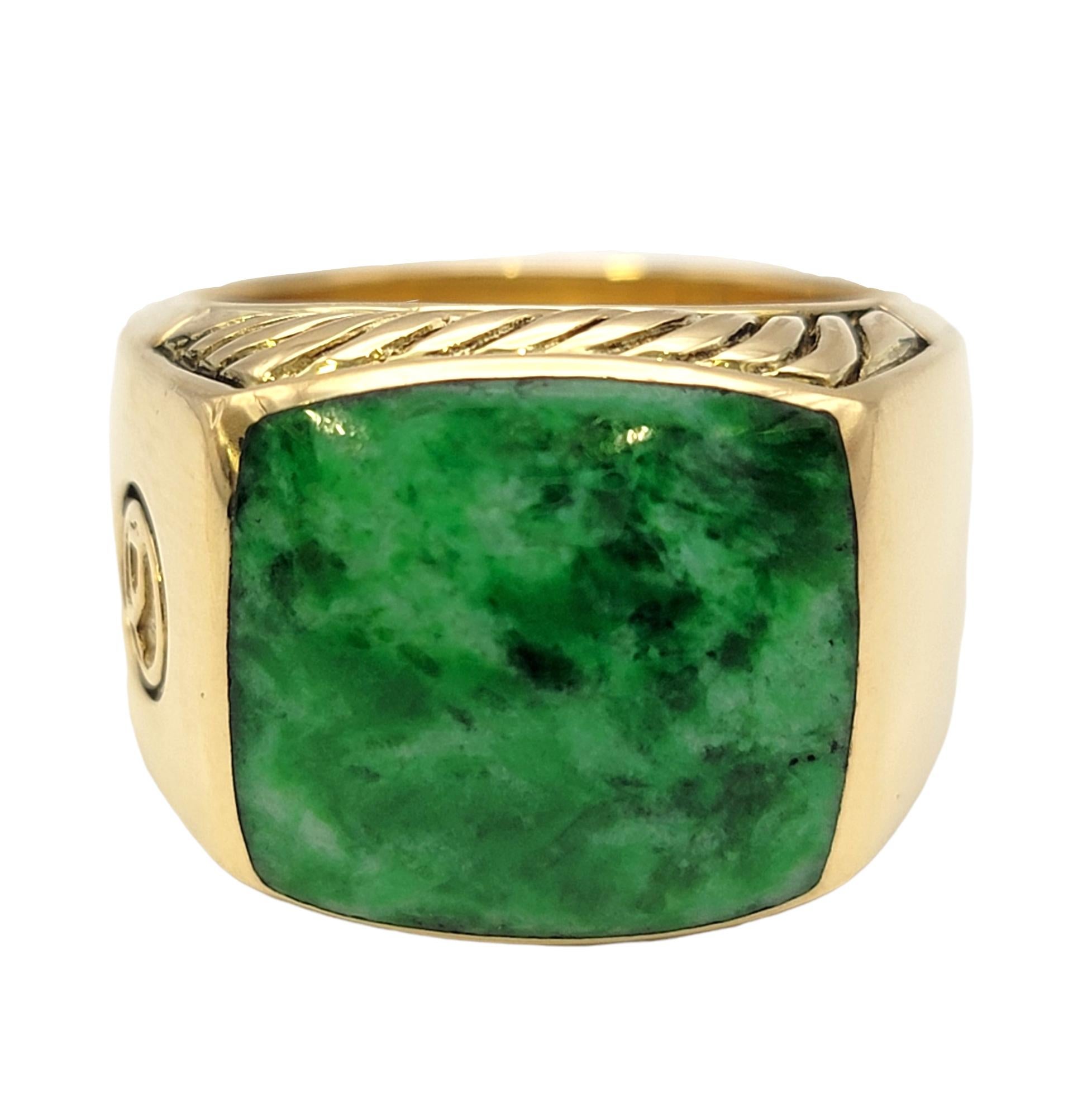 Ring size: 10

Bold, handsome 18 karat yellow gold and Jadeite ring by David Yurman is substantial in both size and color. The incredible Moss-in-Snow green color of the natural stone is remarkable and really draws the viewers attention to the