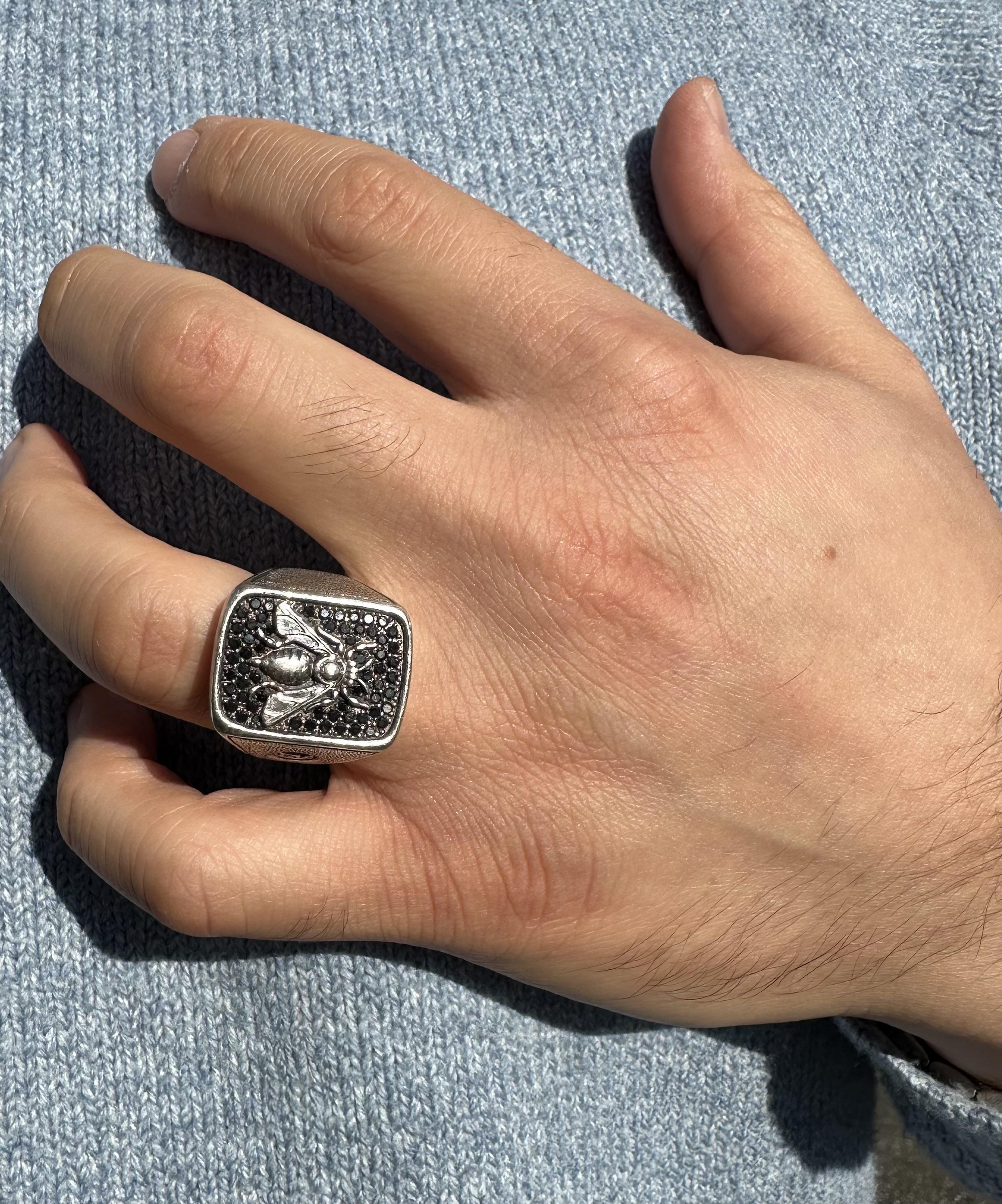 Women's David Yurman Men's Silver Fancy Black Diamond Bee Petrvs Signet Ring