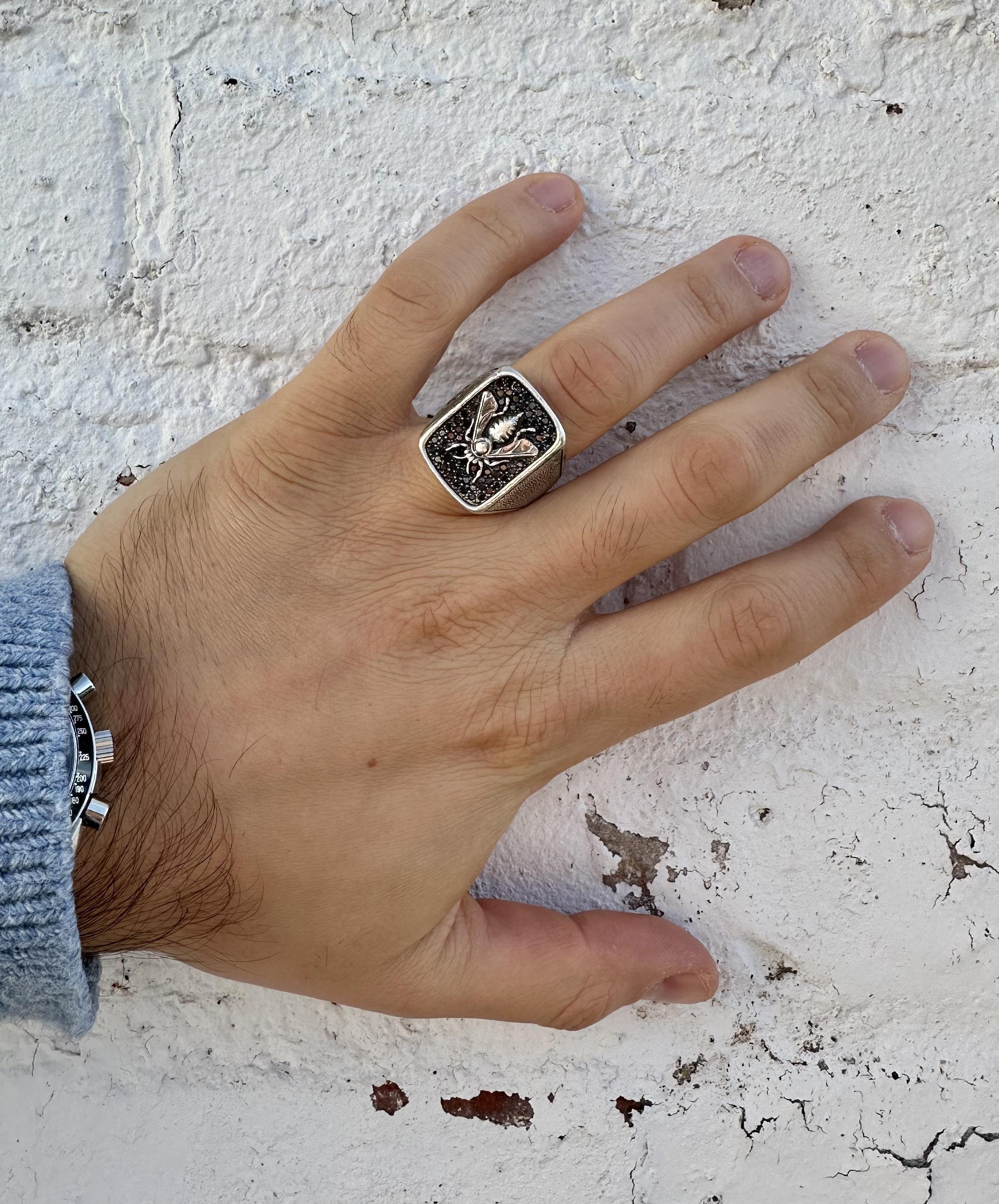 David Yurman Men's Silver Fancy Black Diamond Bee Petrvs Signet Ring 1