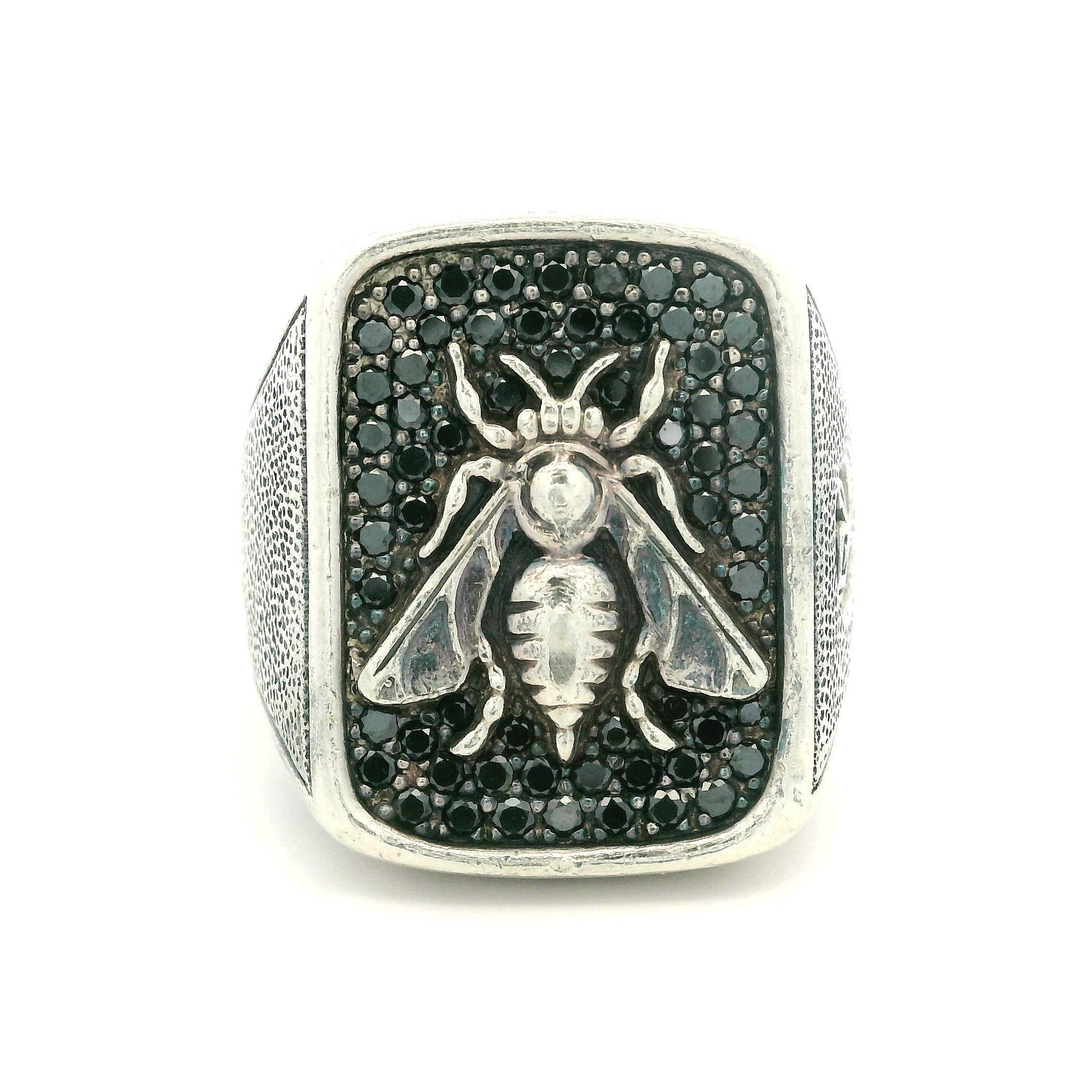 David Yurman Men's Silver Fancy Black Diamond Bee Petrvs Signet Ring 2