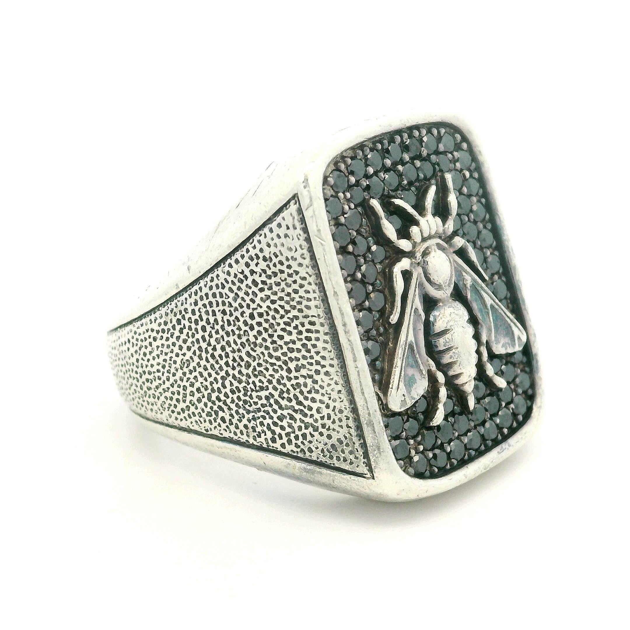 David Yurman Men's Silver Fancy Black Diamond Bee Petrvs Signet Ring 3