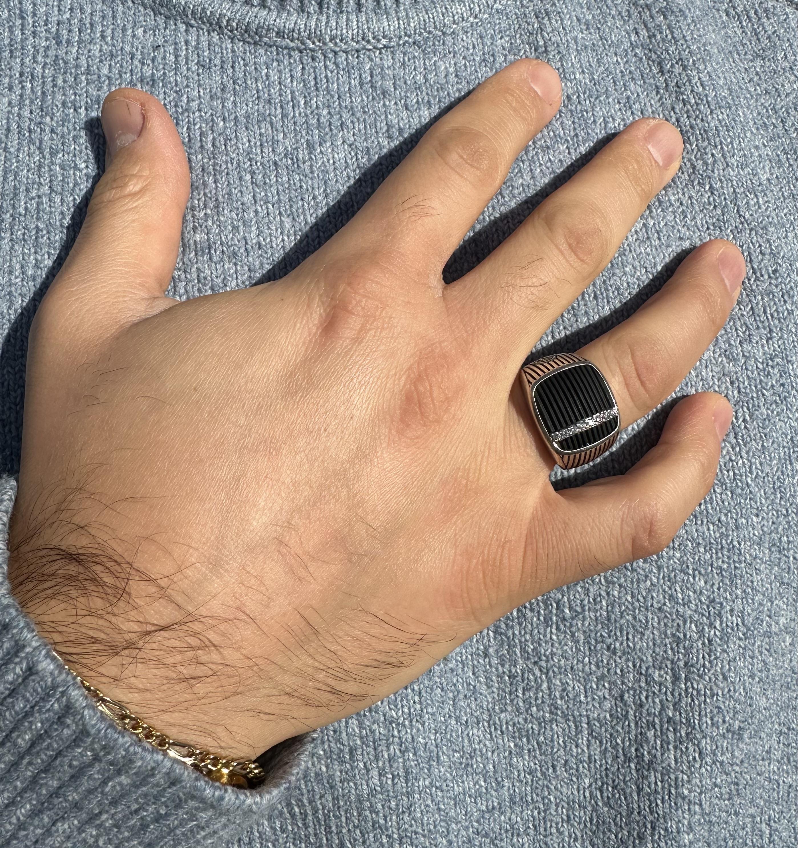 Brilliant Cut David Yurman Men's Silver Grooved Black Onyx & Diamond Royal Cord Signet Ring