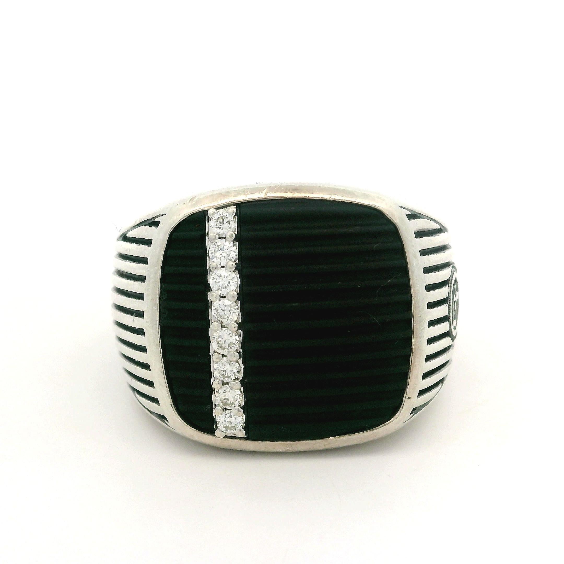 David Yurman Men's Silver Grooved Black Onyx & Diamond Royal Cord Signet Ring In Excellent Condition In Montclair, NJ