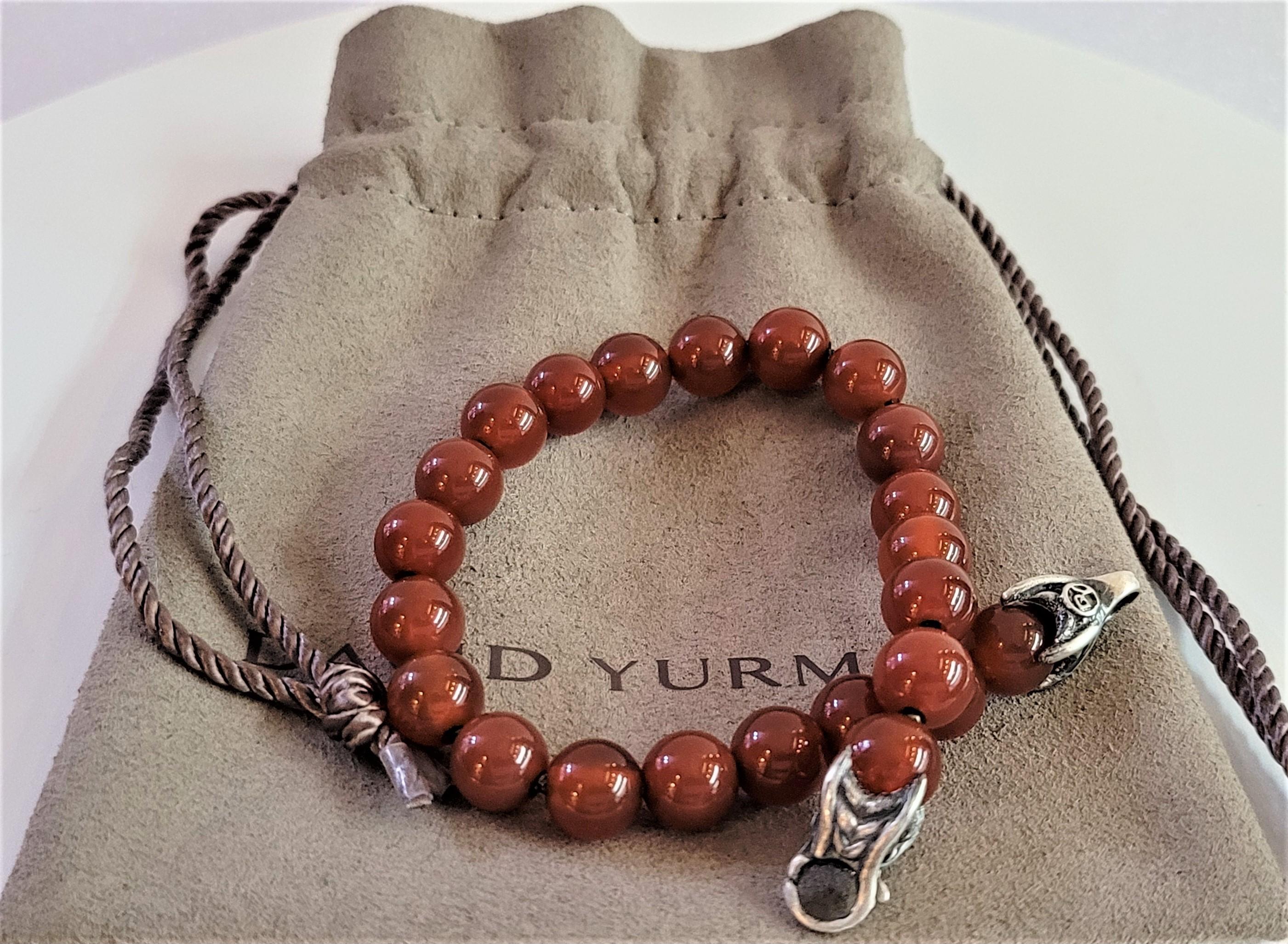 Round Cut David Yurman Men's Spiritual Bead Bracelet 8mm Carnelian S Silver 8.5