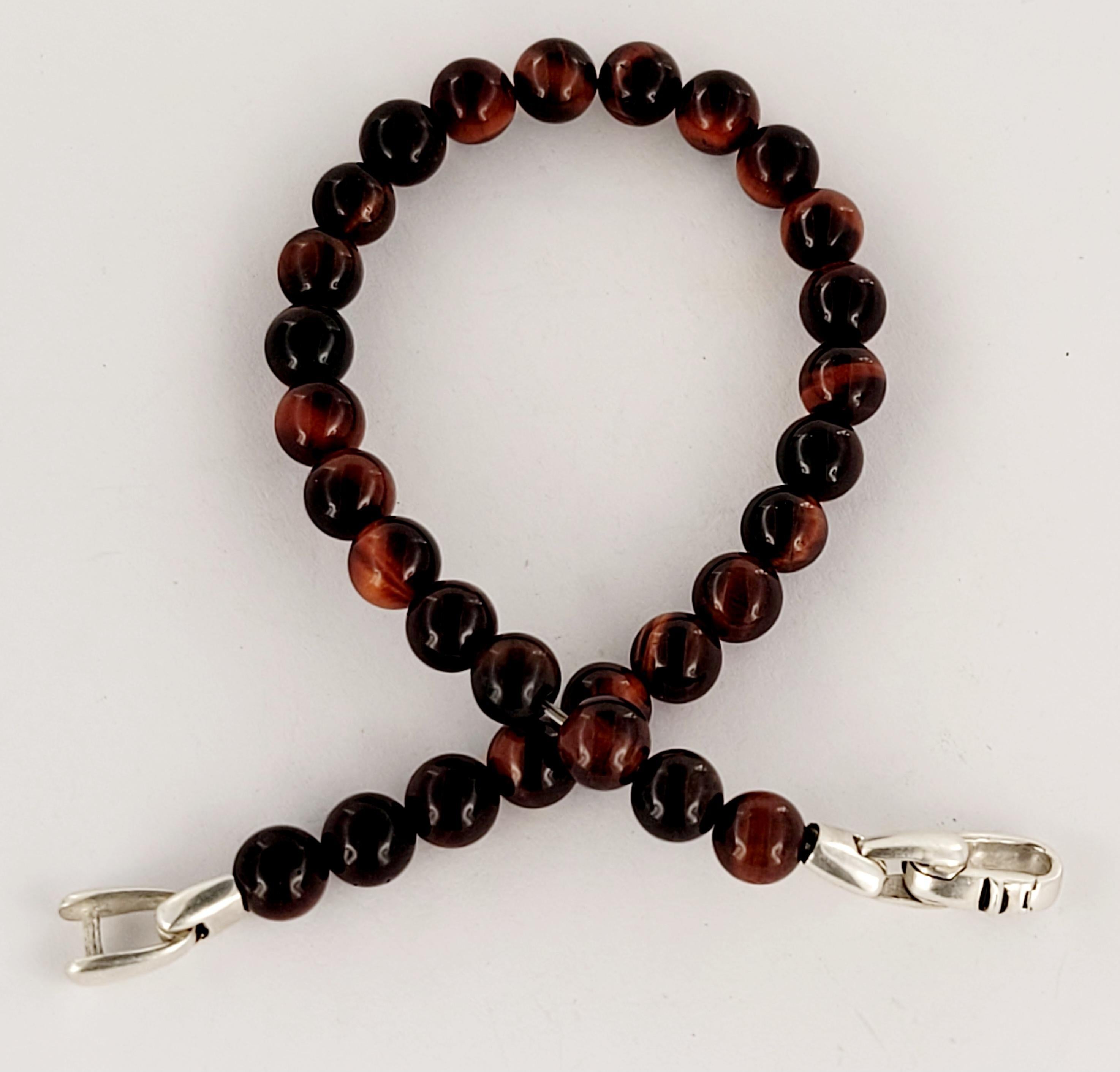 Round Cut David Yurman Men's Spiritual Beads Bracelet with Tiger's Eye and Silver 6.5mm For Sale