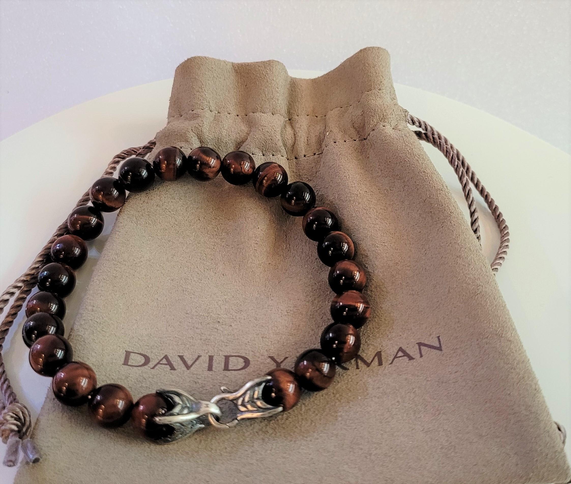 Round Cut David Yurman Men's Spiritual Beads Bracelet with Tiger's Eye and Silver 8mm