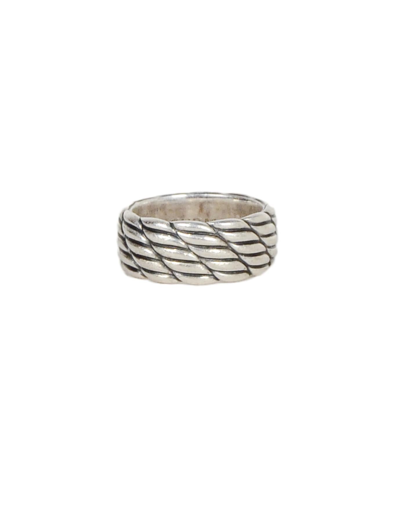 David Yurman Men's Sterling Silver Rope Ring sz 9.5
Color: Silvertone
Materials: Sterling silver
Hallmarks: © David Yurman 925
Closure/Opening: Slide On
Overall Condition: Very good pre-owned condition, with minor hairline scratches to