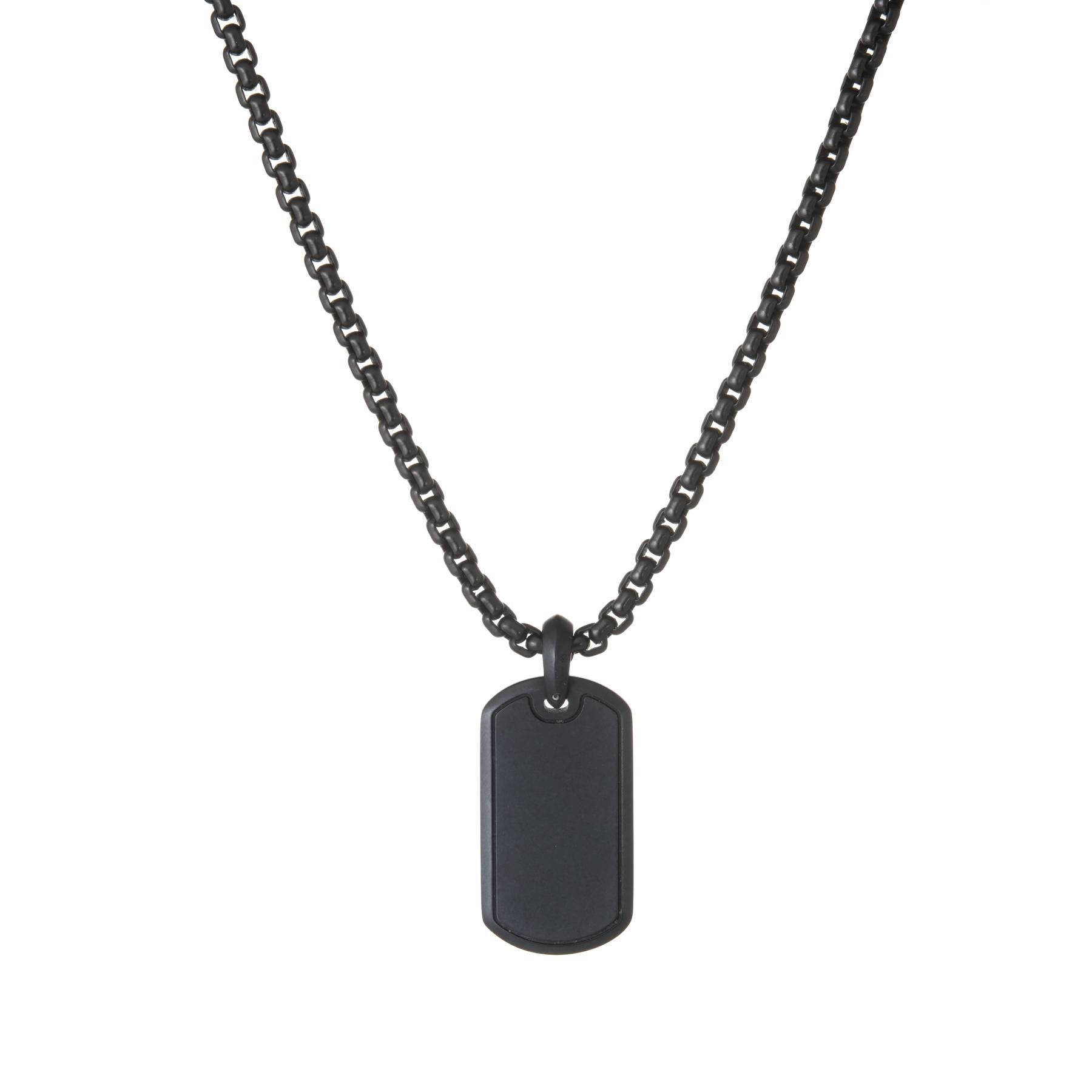 Finely detailed pre owned David Yurman dog tag pendant & necklace, crafted in sterling silver and titanium (tag) and darkened stainless steel (chain). 

Black diamonds are pave set into the mount and total an estimated 2.68 carats. The diamonds are