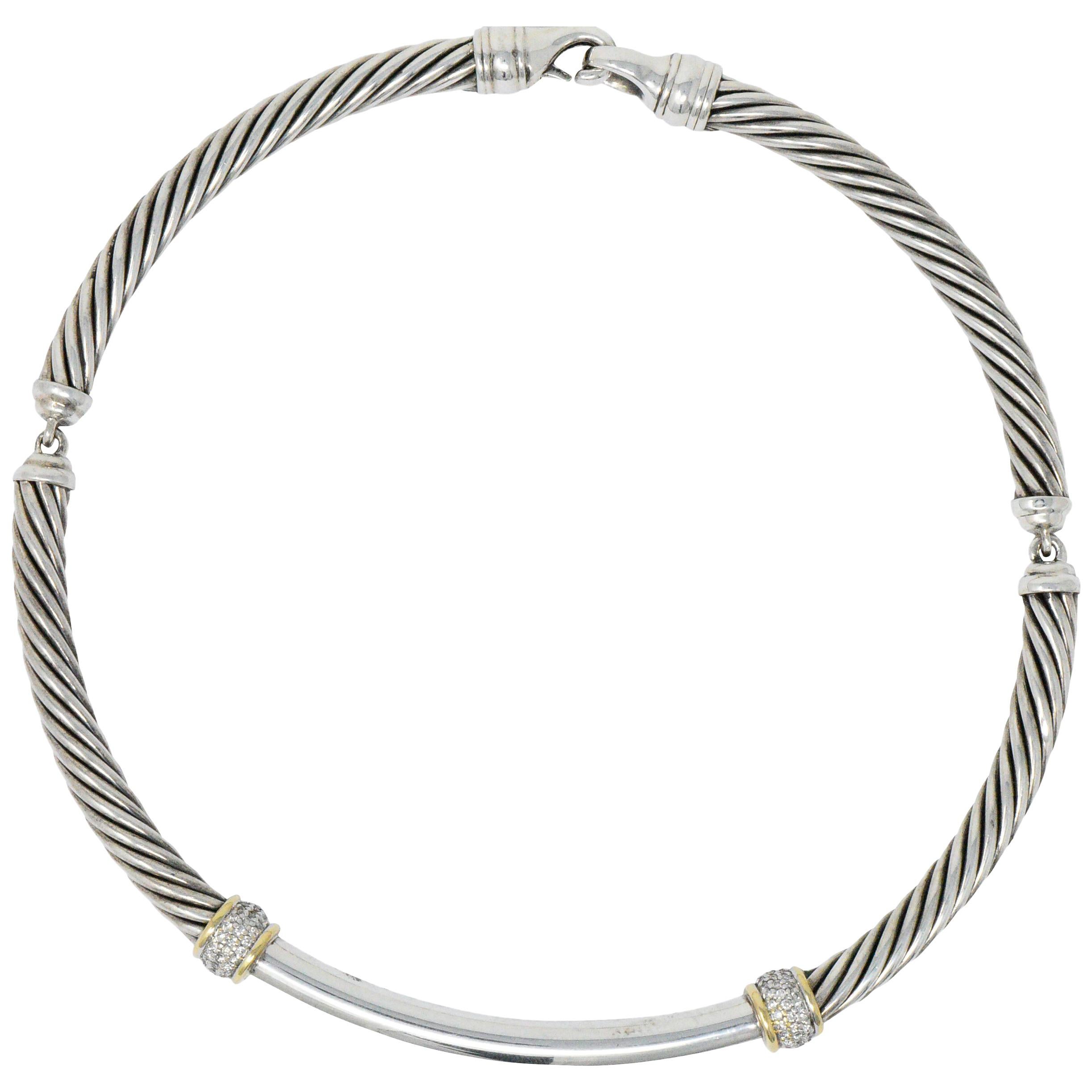 David Yurman Metro 0.55 CTW Diamond Sterling Silver 18 Karat Gold Cable Necklace