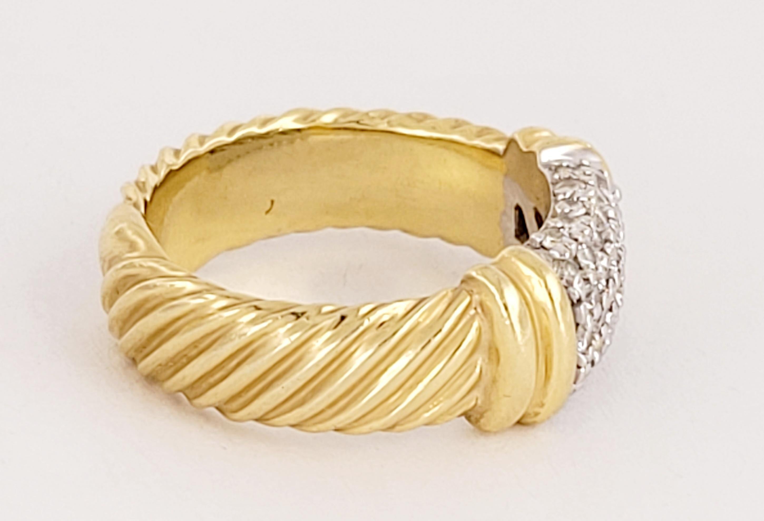 Round Cut David Yurman Metro Cable Ring Size 6.75 Pave Diamond 8mm Wide Band 18K Gold For Sale