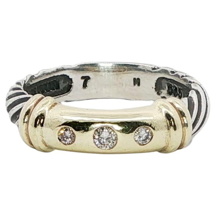 David Yurman Metro Cable Three Diamond SS/14KYG Ring - Size 7 en vente