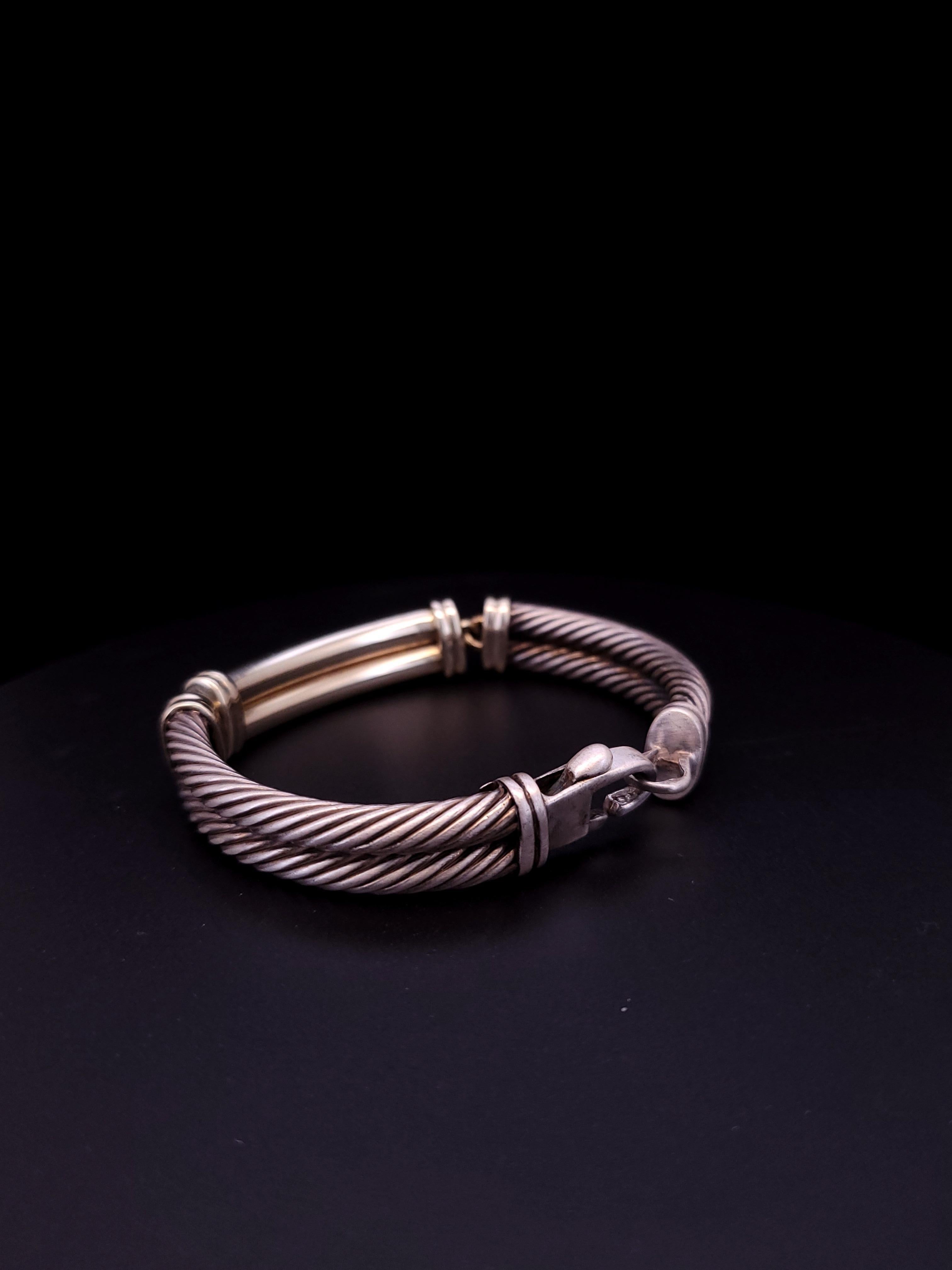 Round Cut David Yurman Metro Double Cable Diamond Bracelet Sterling Silver 14K Yellow Gold For Sale