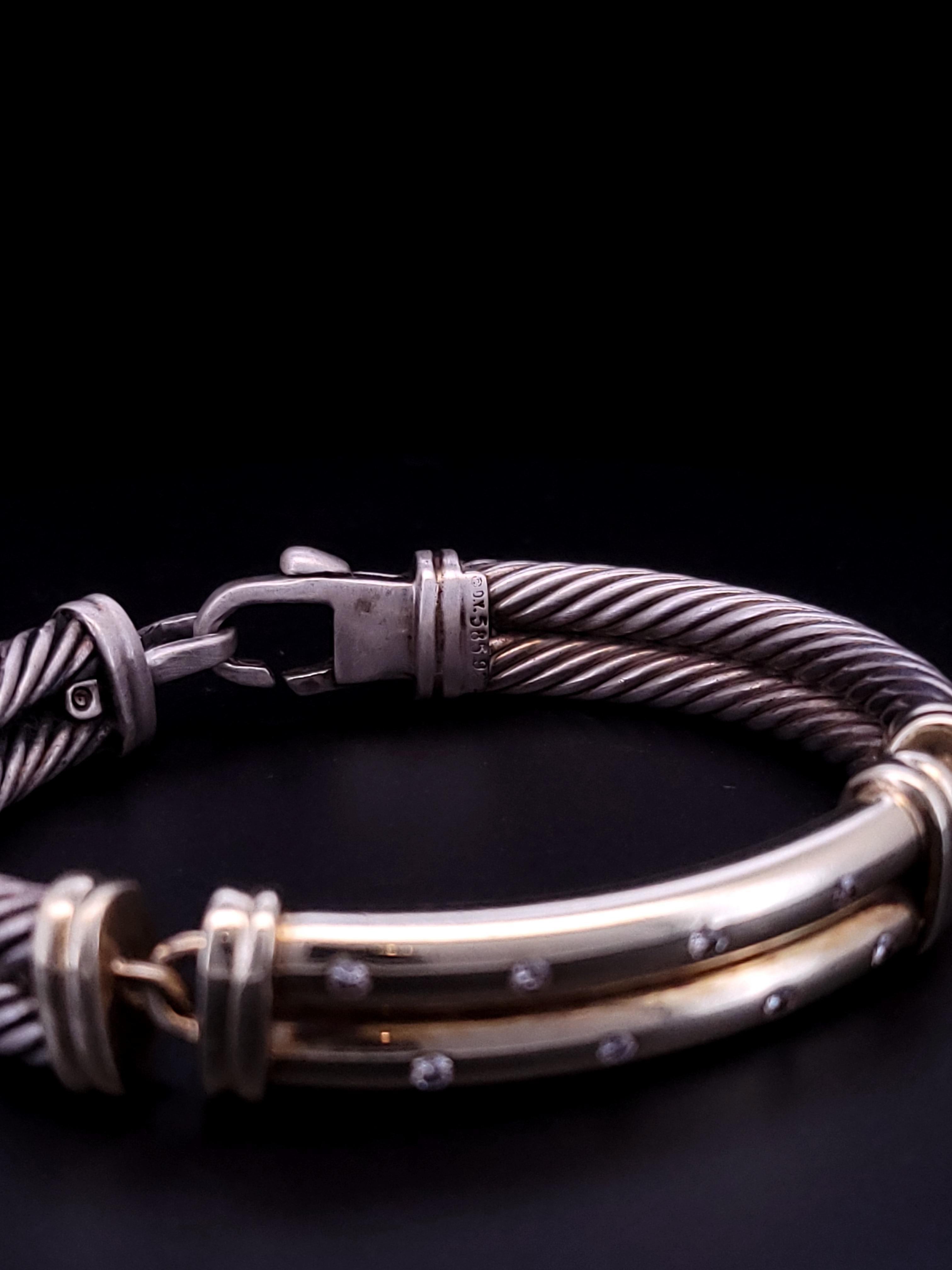 David Yurman Metro Double Cable Diamond Bracelet Sterling Silver 14K Yellow Gold In Good Condition For Sale In New York, NY