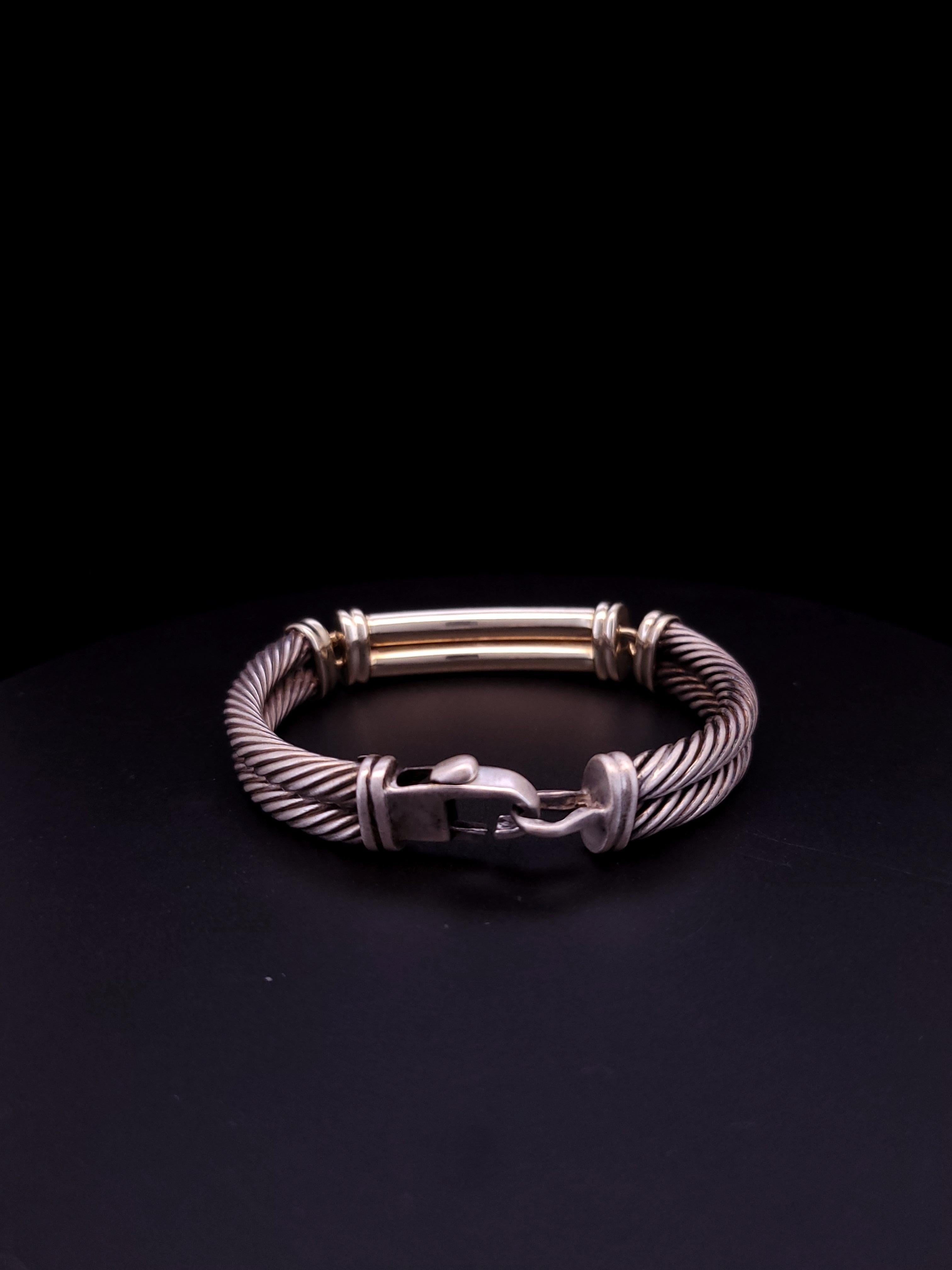 Women's David Yurman Metro Double Cable Diamond Bracelet Sterling Silver 14K Yellow Gold For Sale