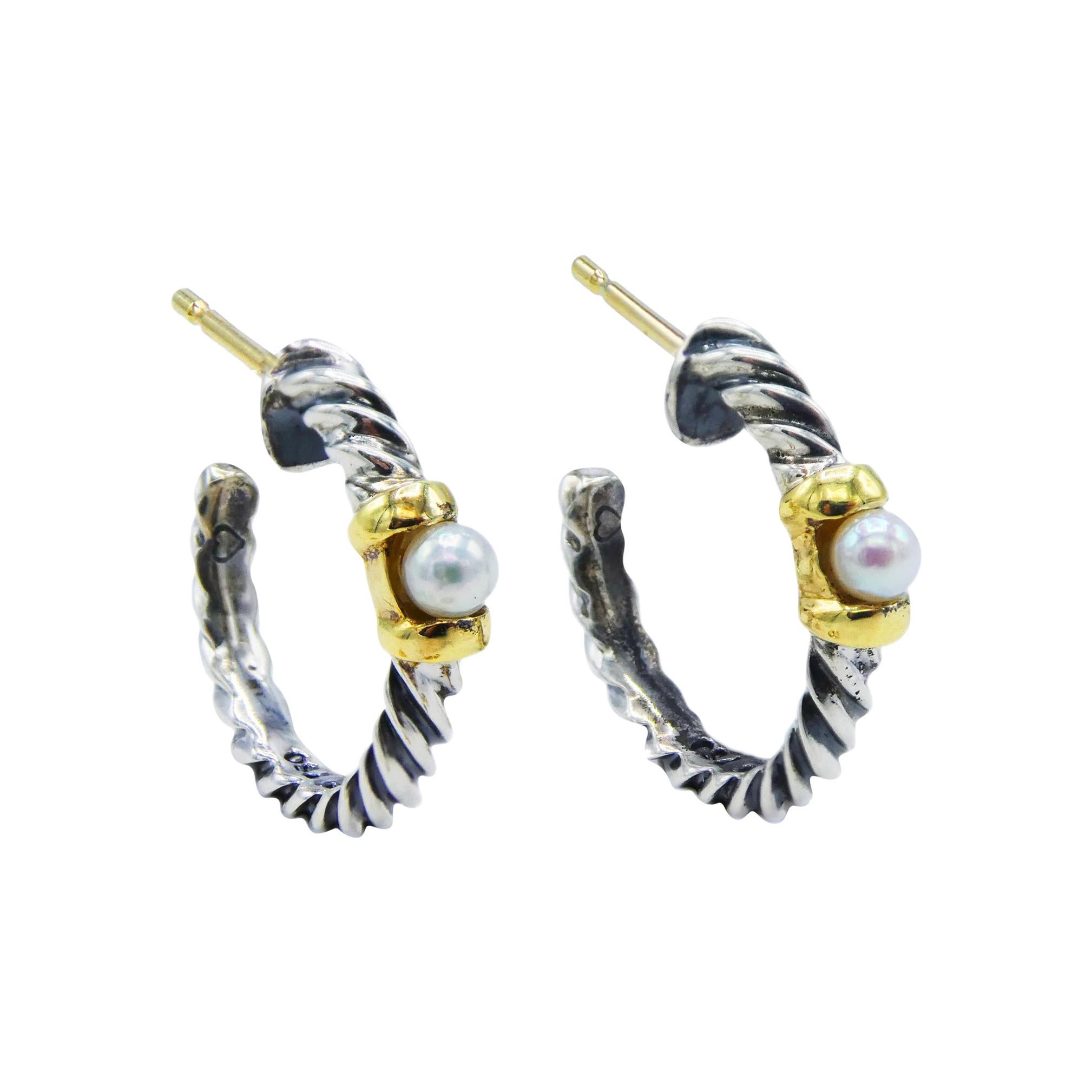 David Yurman Mini Hoop Cable Earrings Petite Pearl Sterling Silver 18 Karat Gold