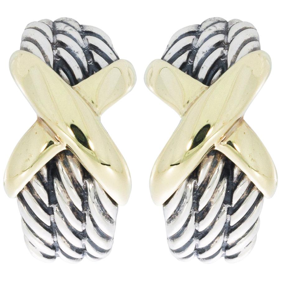 David Yurman Silver & Gold Cable X Triple Crossover J-Hoop Earrings