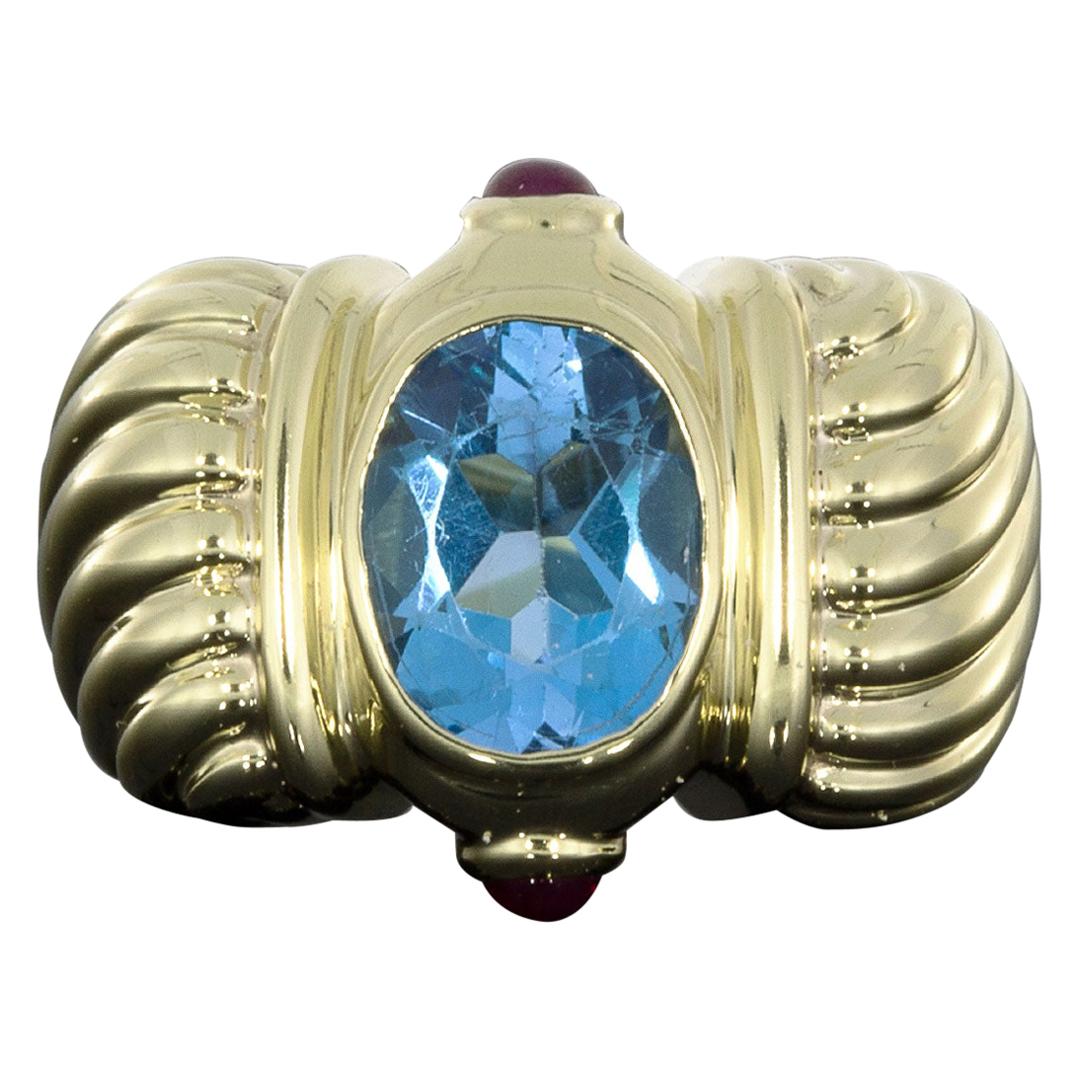 David Yurman Yellow Gold Oval Cut Blue Topaz and Ruby Unique Ladies Ring