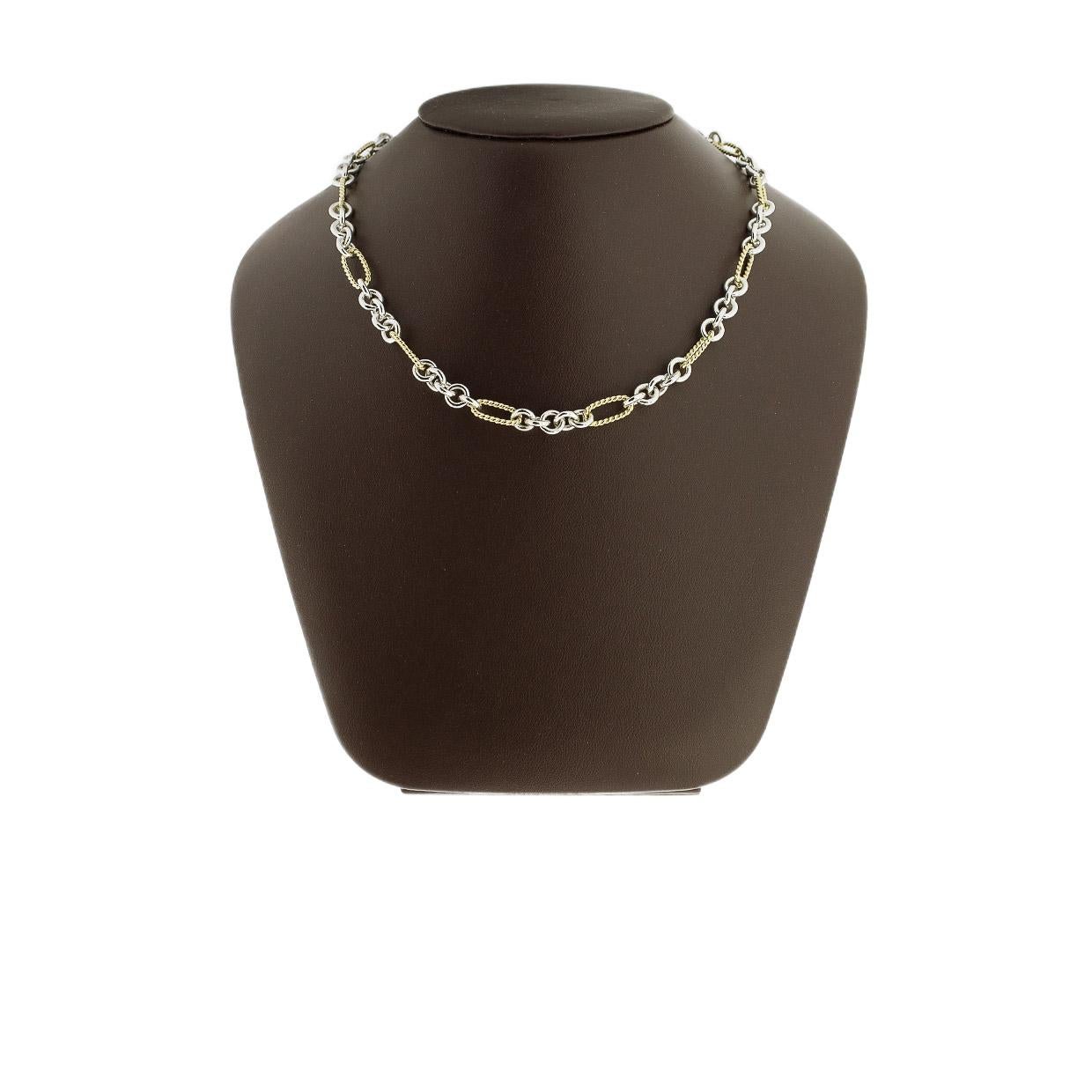 Product Details:
Estimated Retail:  $2,500.00
Condition: Pre Owned
Brand: David Yurman
Metal: Mixed Metals
Style: Oval Link
Fastening: Toggle
Length (inches): 18
Metal Purity: 18k


The history of David Yurman begins in the 1960s in New York City,