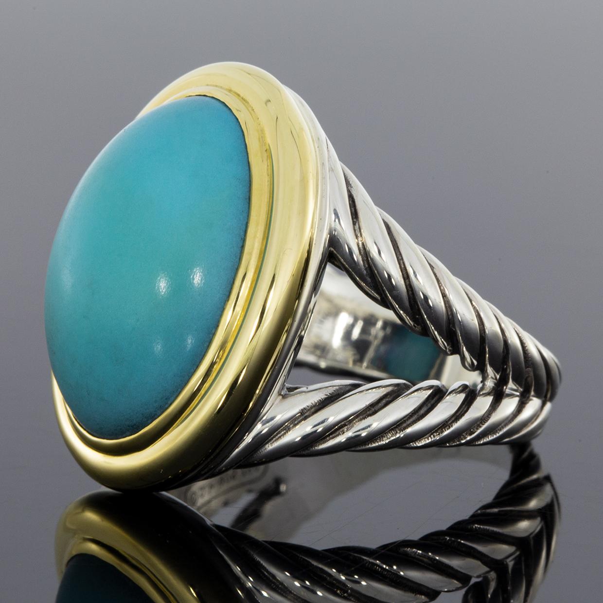 Item Details
Main Stone Turquoise
Main Stone Color Blue
Main Stone Shape Oval
Main Stone Treatment Not Enhanced
Main Stone Creation Natural
Estimated Retail $2,650.00
Brand David Yurman
Metal Mixed Metals
Style Statement
Ring Size 7.5
Sizable