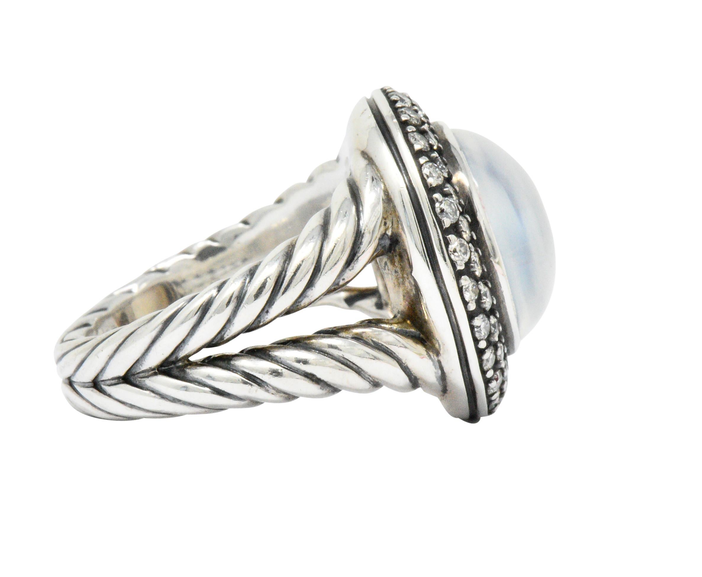 David Yurman Moonstone Quartz .65 Carat Diamond Cable Twist Sterling Silver Ring In Excellent Condition In Philadelphia, PA