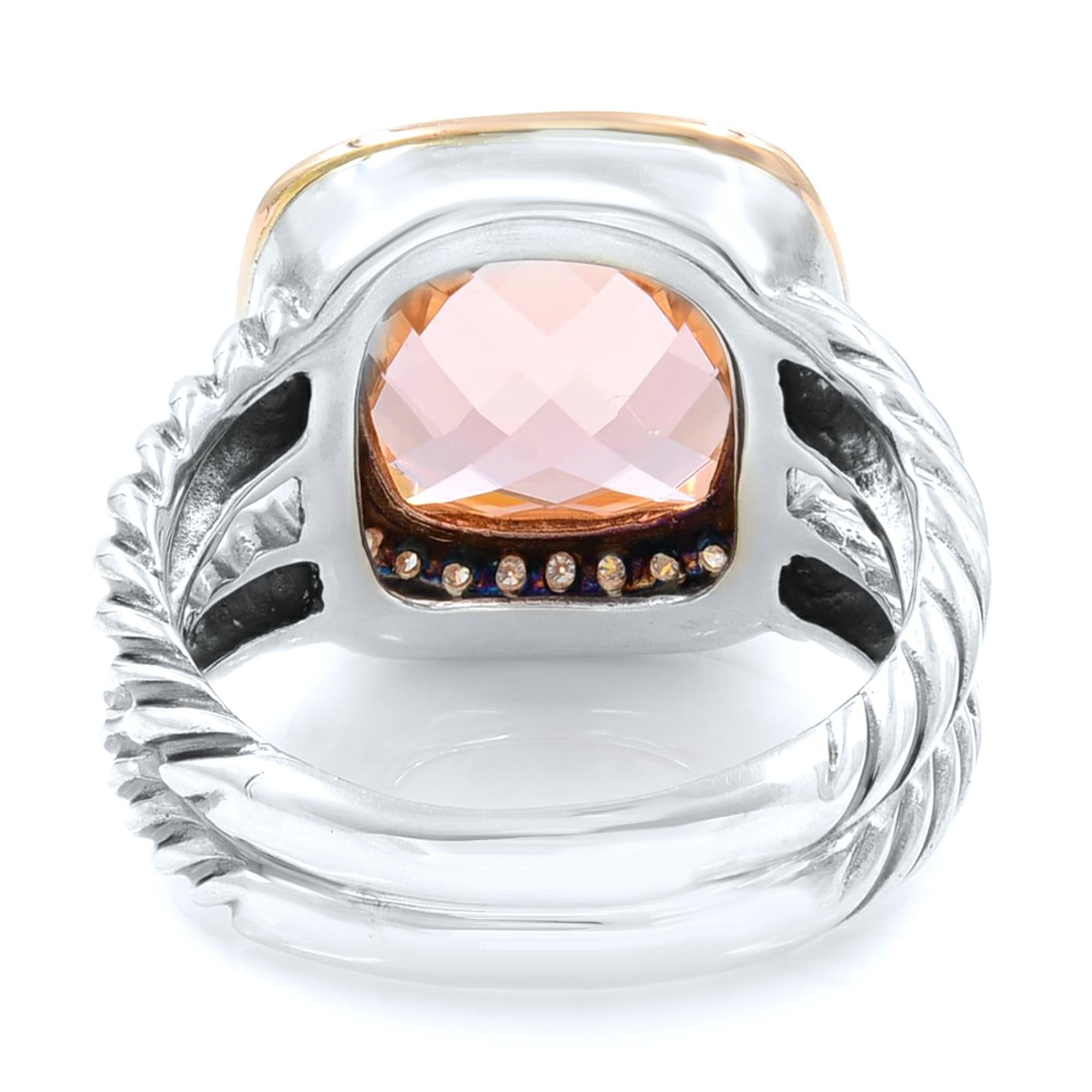Excellent condition like new!
David Yurman Albion 11mm Pink Morganite with diamonds and 18k rose gold and Sterling Silver Ring.
Size: 7.5
David Yurman pouch included.
