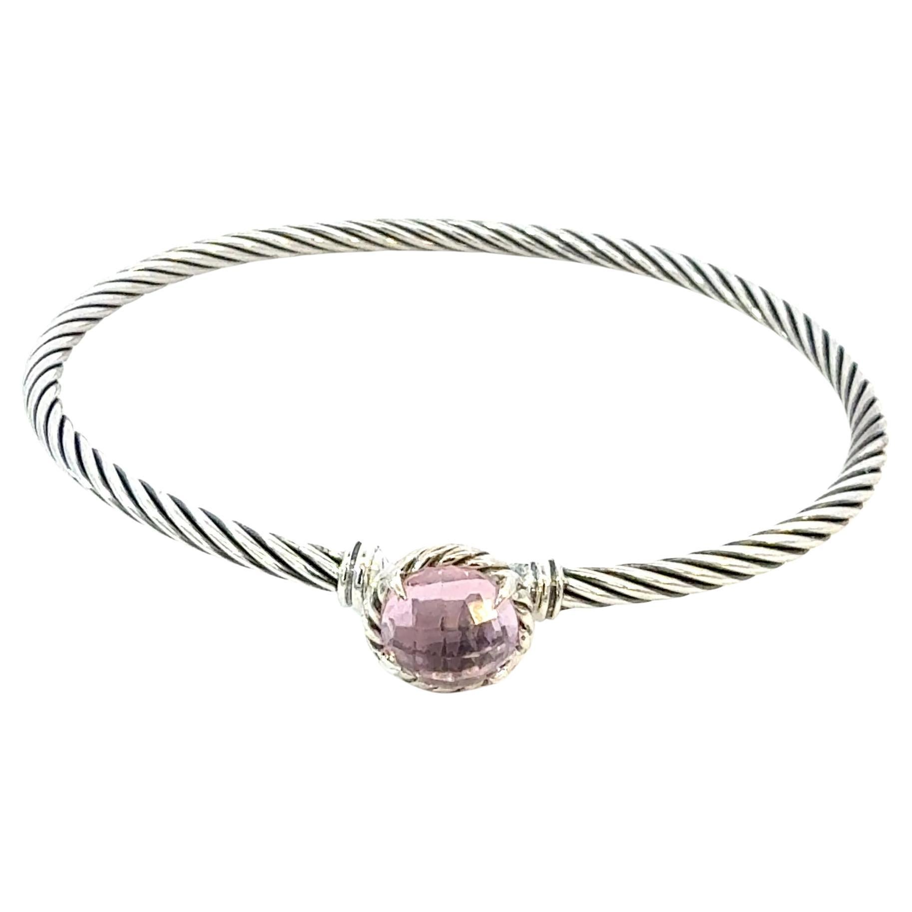 David Yurman Morganite Cuff Bracelet Size M 7.5" 3 mm Sterling Silver Estate