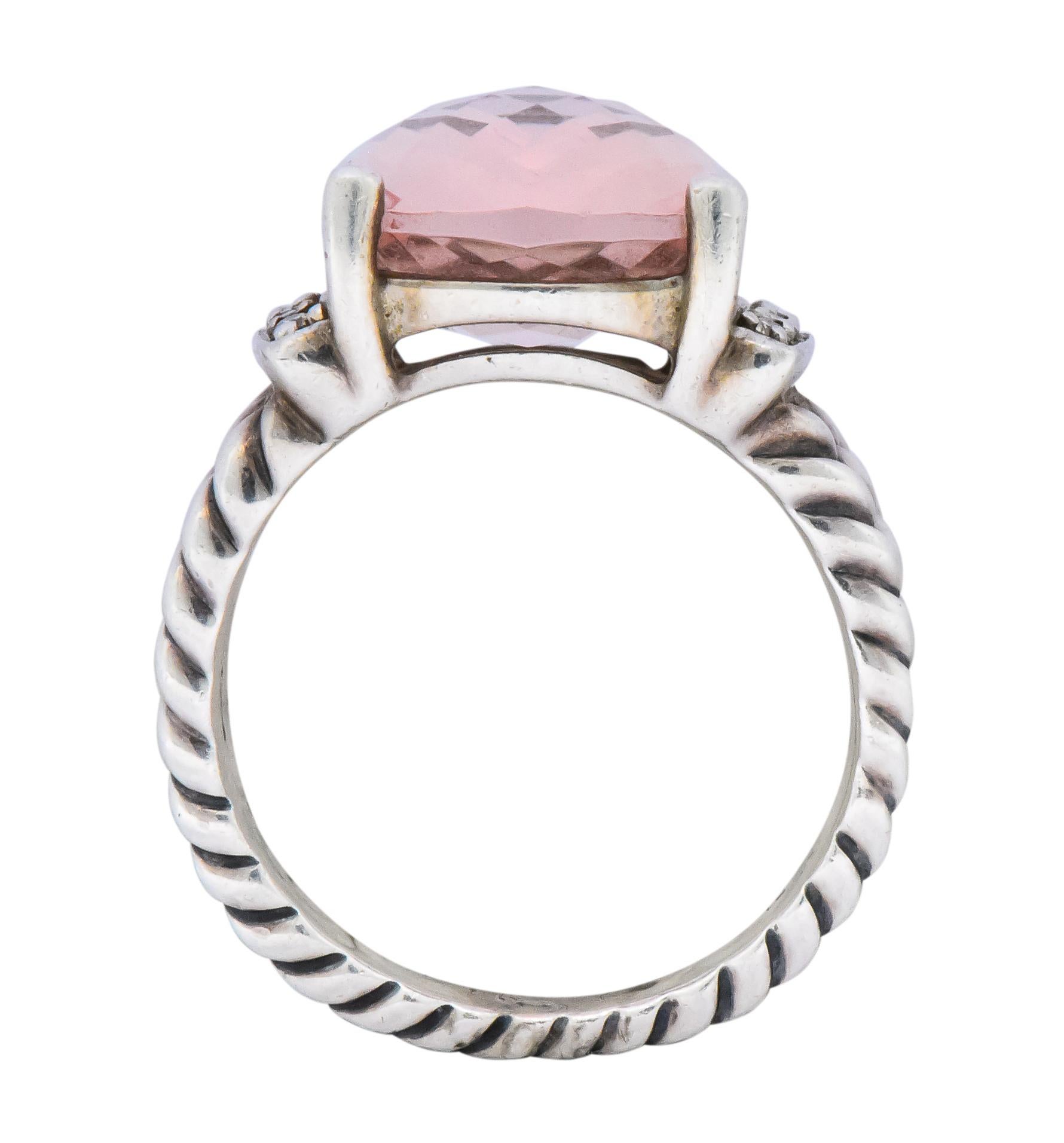 David Yurman Morganite Diamond Sterling Silver Large Cable Ring In Excellent Condition In Philadelphia, PA